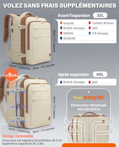 Detalle de VANKEV Sac à dos cabine extensible 45 x 36 x 20 cm, 32 à 40 L, beige