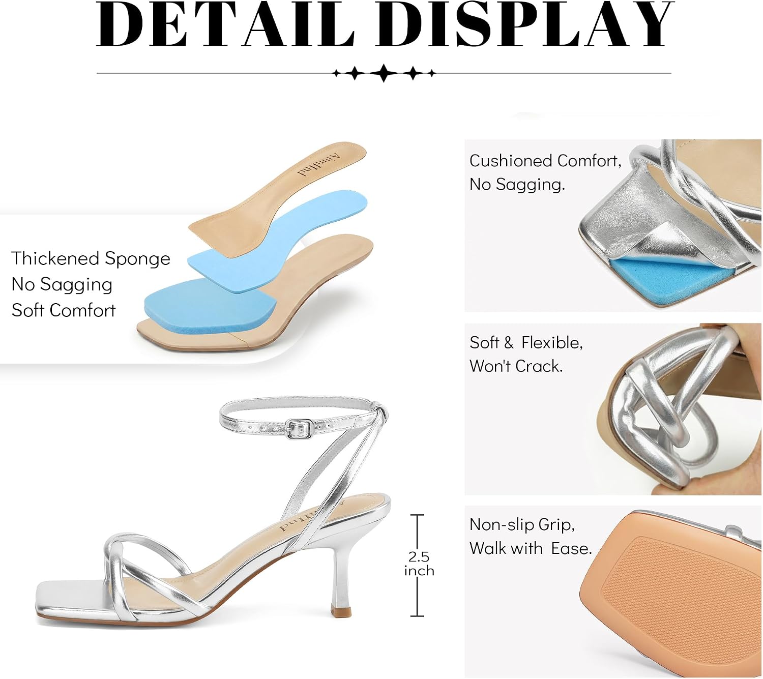 Detalle 2 de AIUNIIND Women's Kitten Heel Sandals, 2.5-Inch Heel, Square Toe