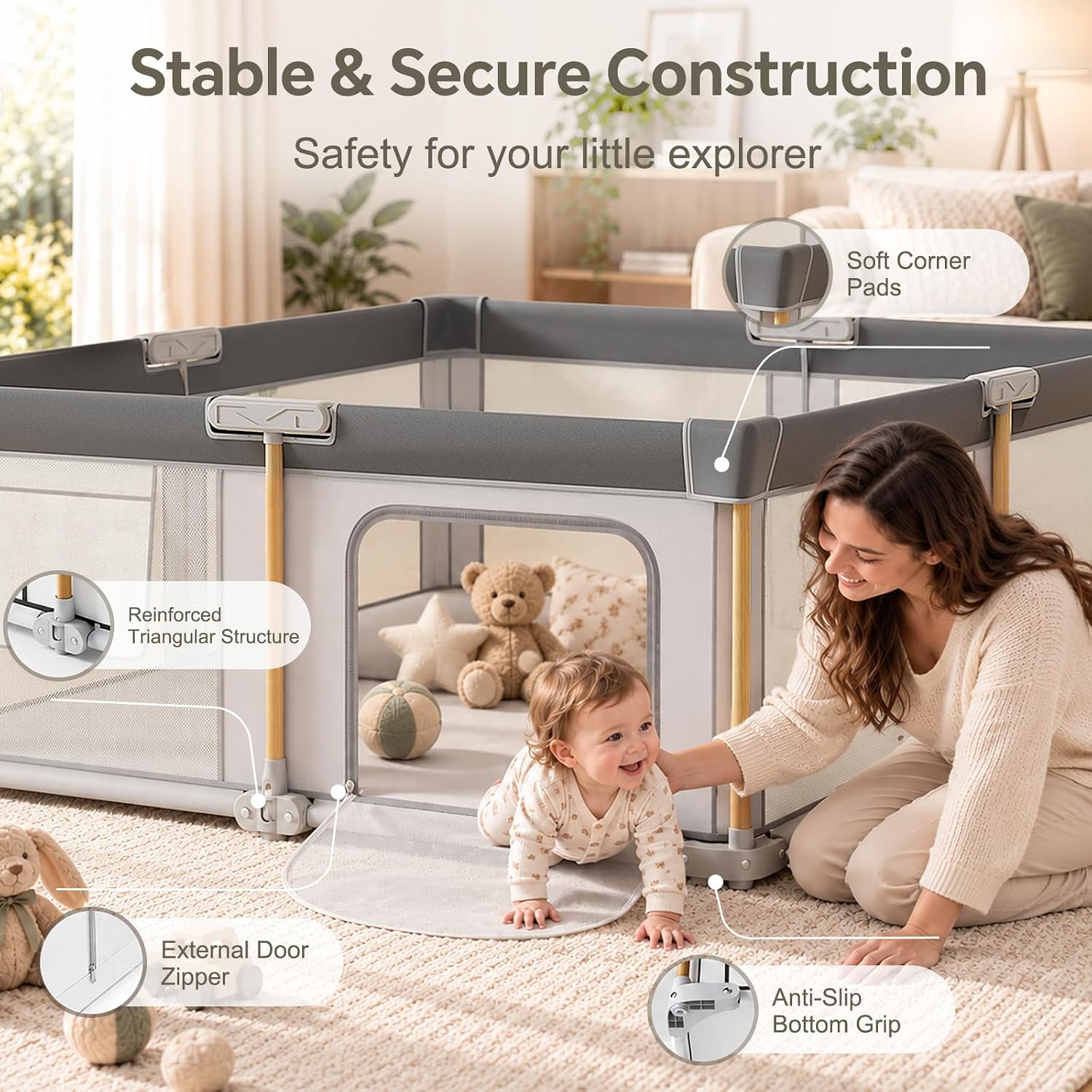 Detalle 1 de JevrJeur 59 x 71 in Foldable Baby Playpen with Mesh Sides and Storage Bag