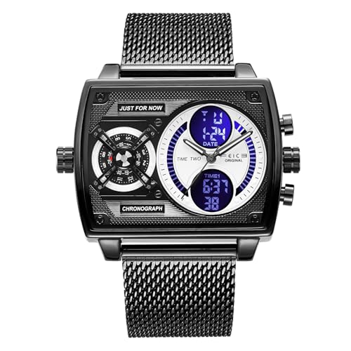 Detalle de FEICE Reloj Cuadrado Multifuncional para Hombre FK814 47 mm: esfera grande analógico–digital en acero inoxidable