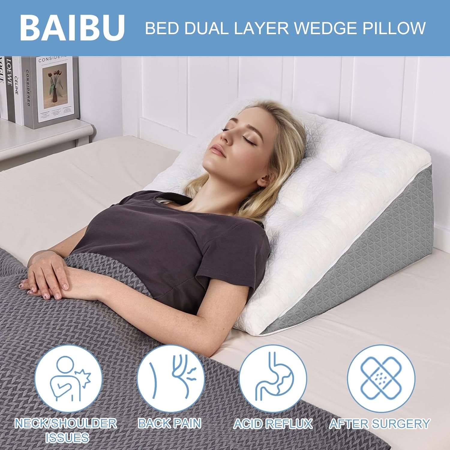 Thumbnail 3 de baibu Bed Wedge Pillow Memory Foam – dual-layer upright support with washable cover
