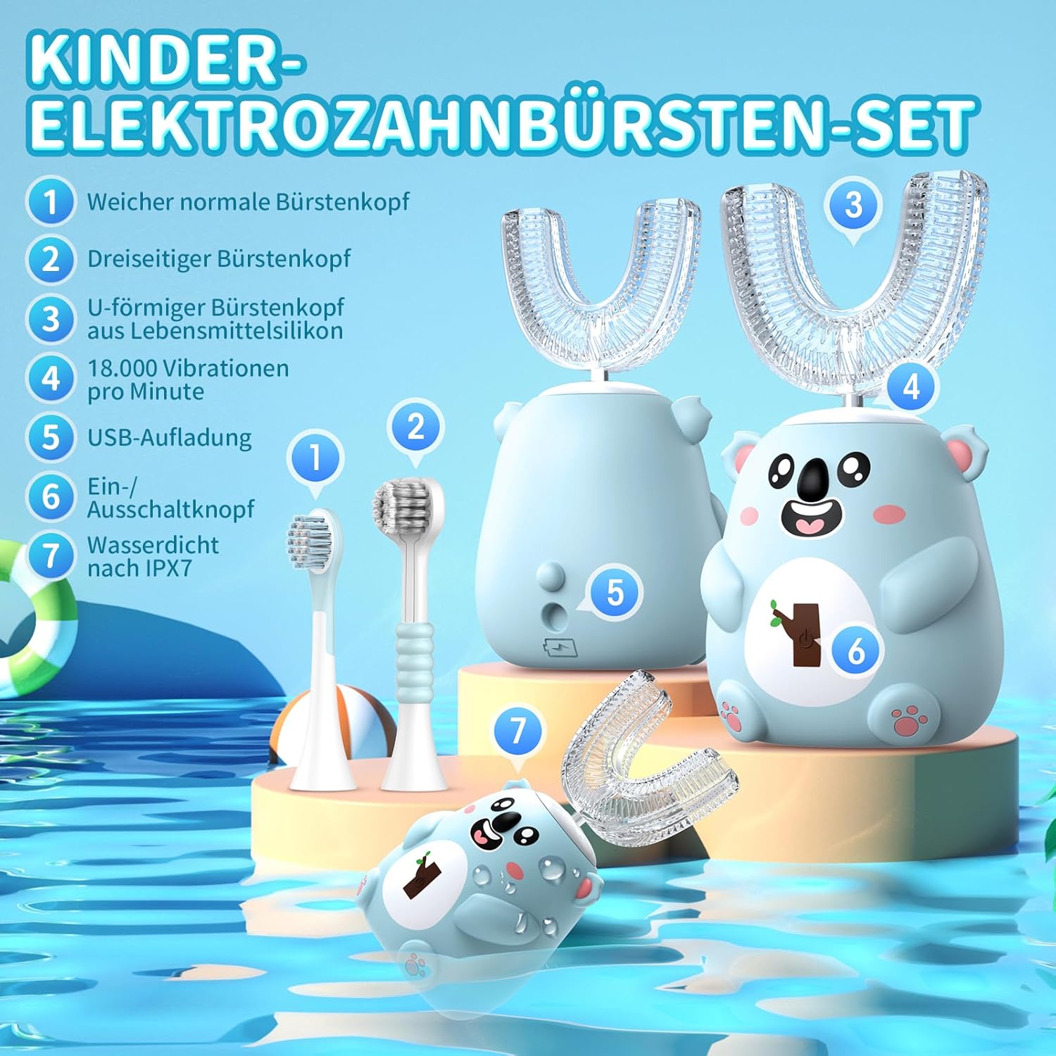 Thumbnail 4 de Elektrische Kinderzahnbürste von Yzoaal – U-förmige Bürstenköpfe, Koala-Design, 5 Putzmodi, 60-Sekunden-Timer, IPX7