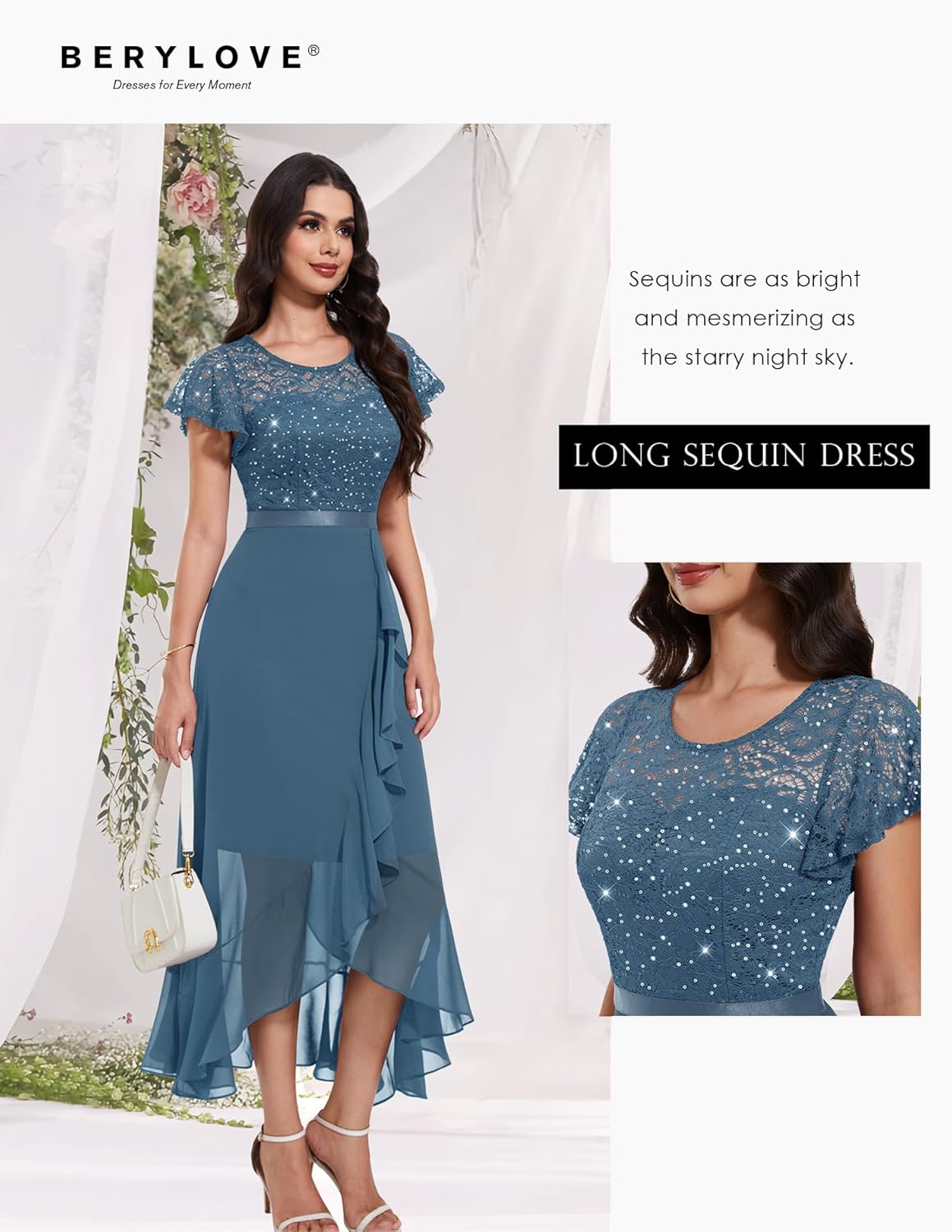 Thumbnail 3 de BeryLove Lace Long Prom Dress for 2026 Wedding Guests with Slit, High-Low Hem & Semi-Sheer Back