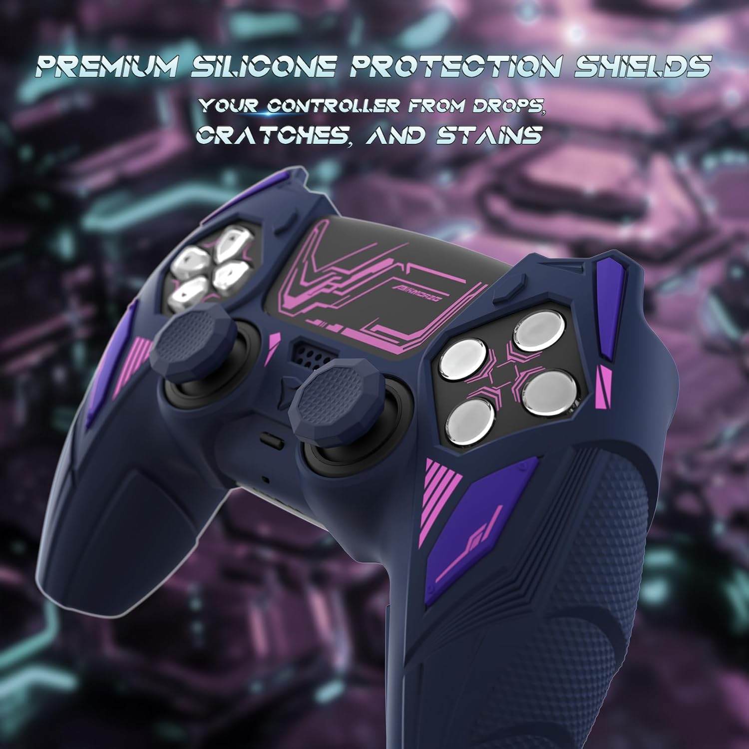 Thumbnail 5 de PlayVital Mecha Rhino silicone cover for PS5 controller with thumb grips & stickers (Midnight Blue & Purple)