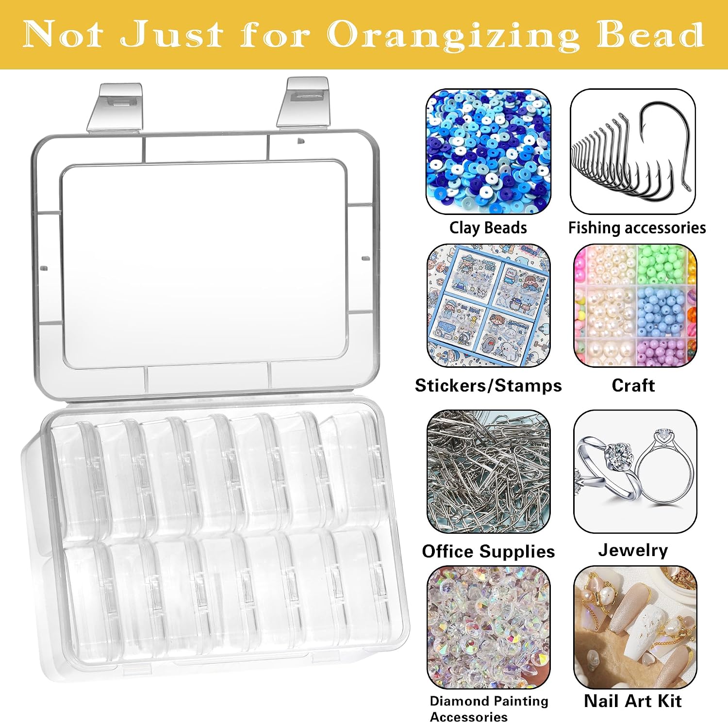 Detalle 1 de Mathtoxyz 14-Piece Bead Organizer Set, Clear Plastic Boxes with Hinged Lids