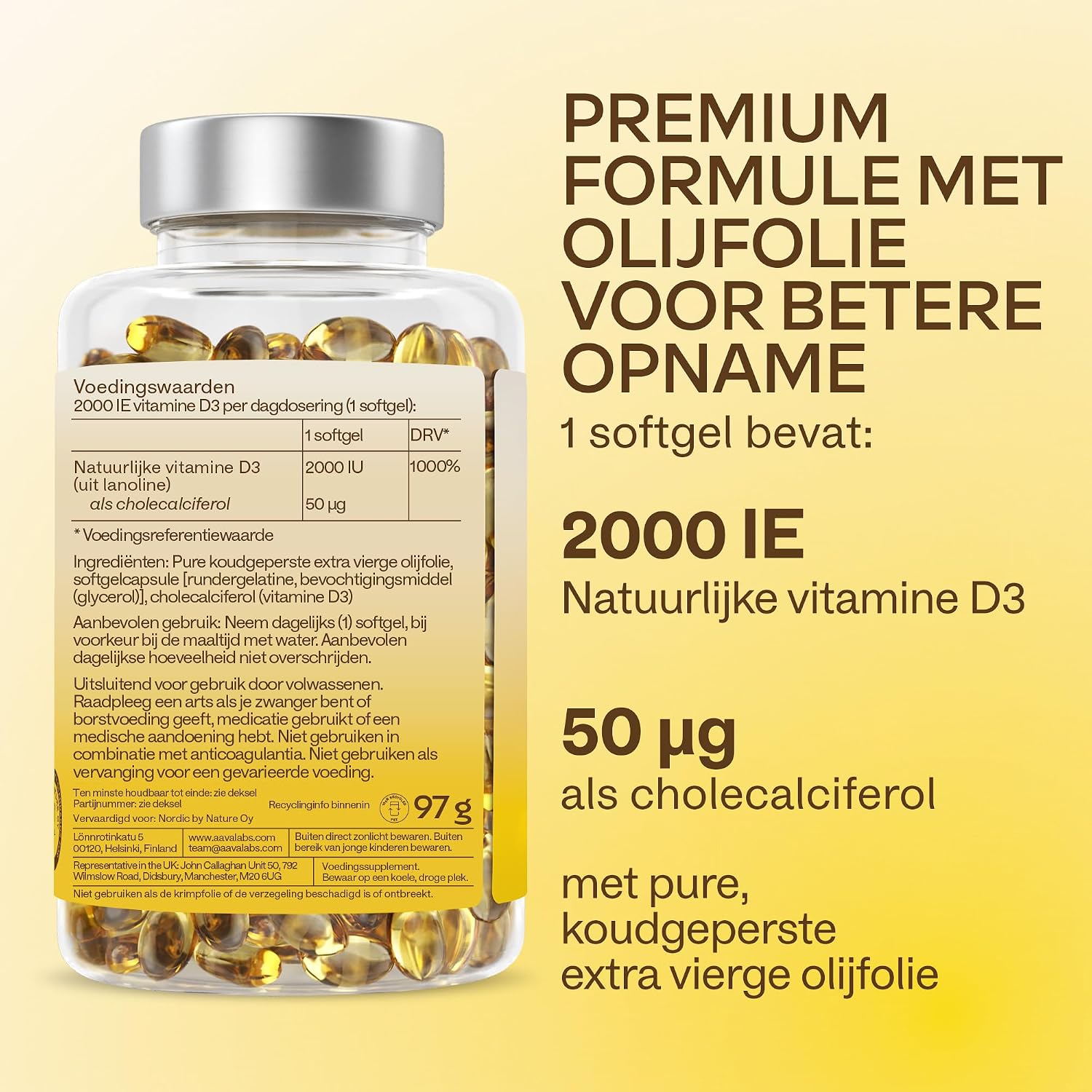 Detalle de AAVALABS Vitamine D3 2000 IE softgels met extra vierge olijfolie, 365 stuks