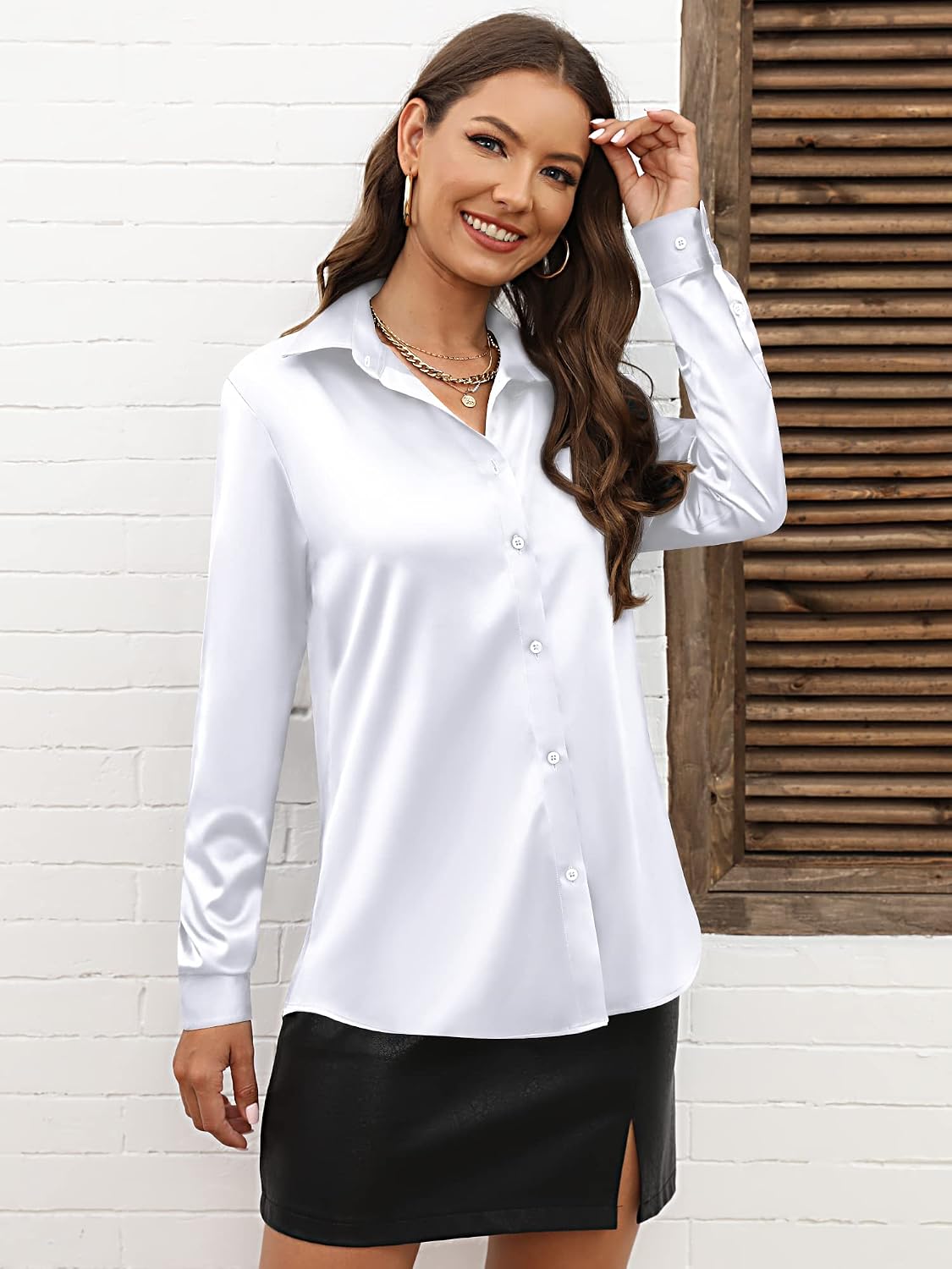 Detalle de CUNLIN Leopard Satin Button-Down Blouse, Long-Sleeve Women's Shirt