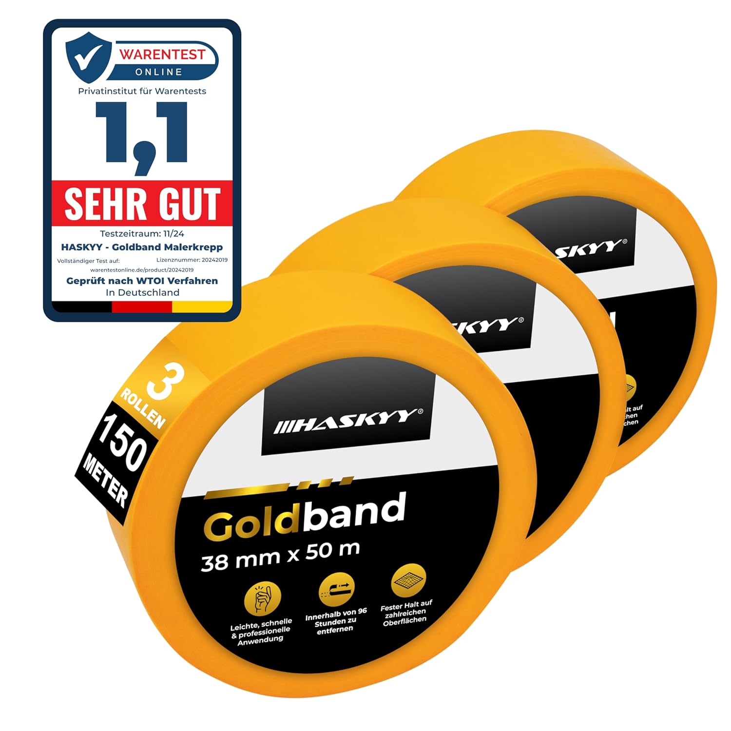HASKYY Goldband Malerkrepp 38 mm x 50 m – 3 Rollen