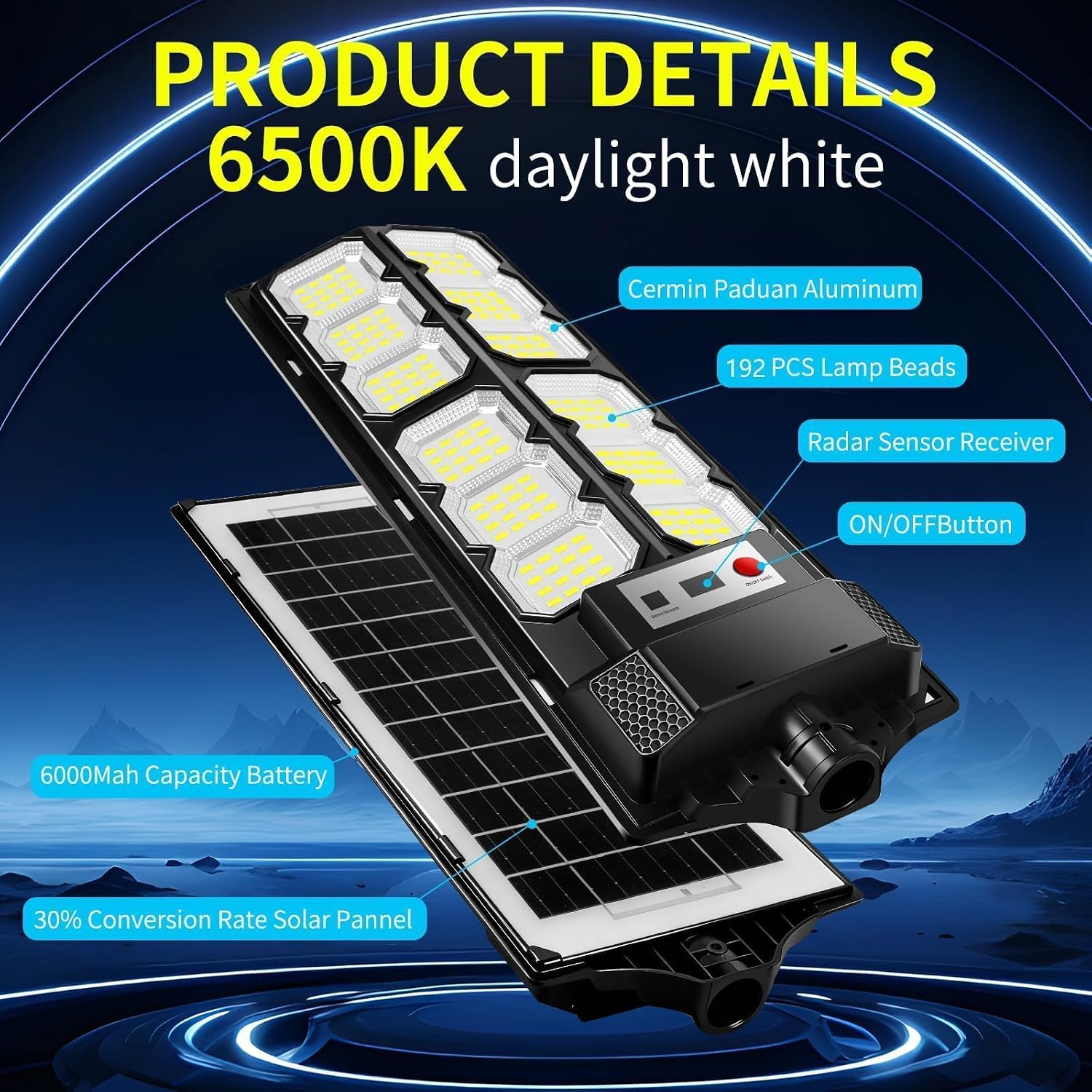 Detalle de VBOK IGFE Lampione solare LED esterno 600W, IP66, 2 pezzi con sensore di movimento e 6500K