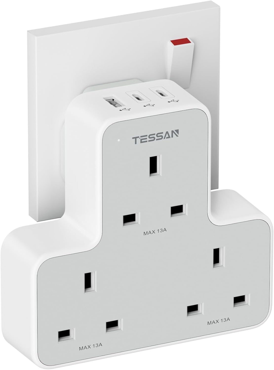 Detalle de TESSAN 3 Way Plug Adapter UK with 3 USB Ports – Multiplug Socket and Wall Extender