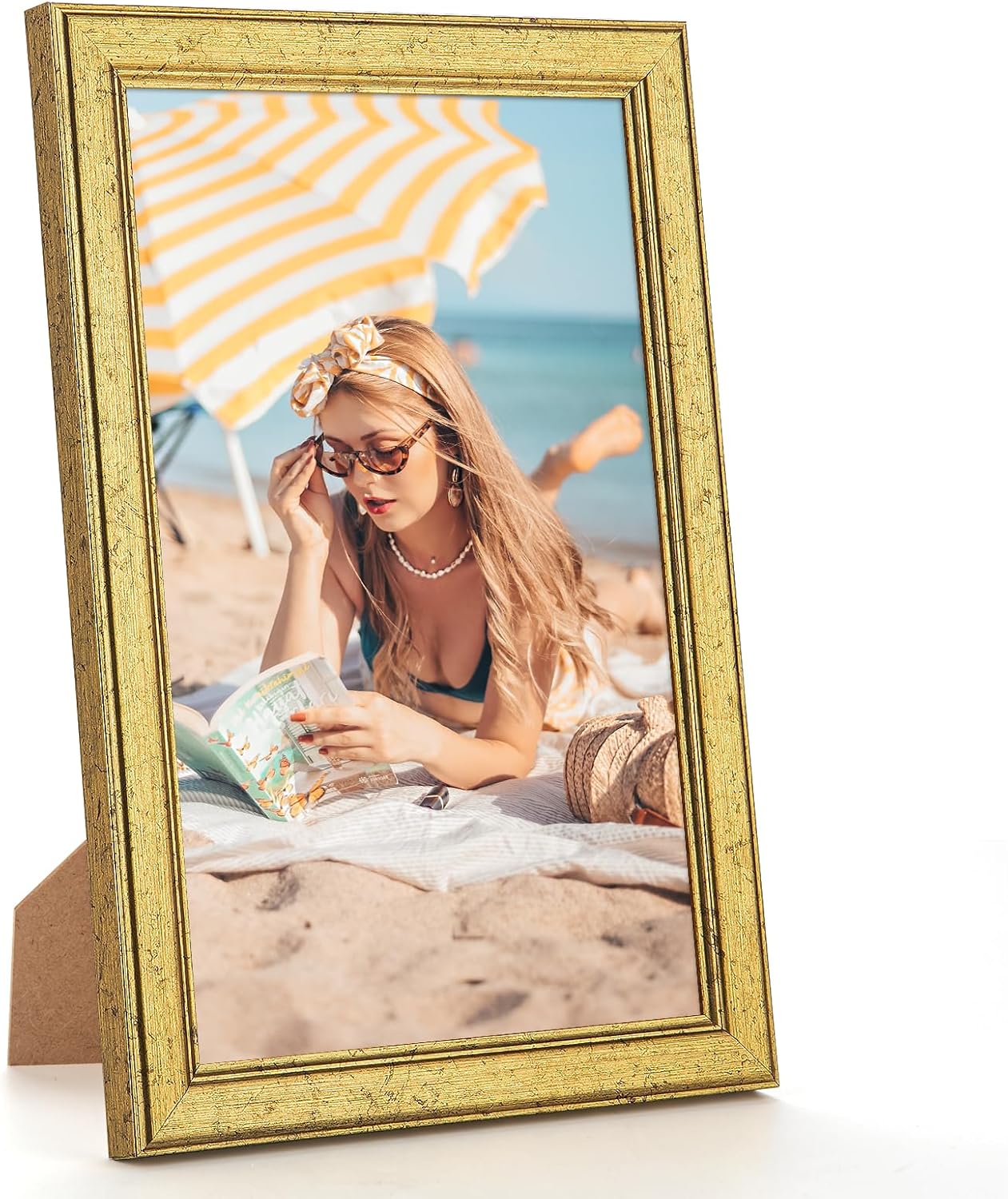 Detalle de MOUDAMION Wood 6x9 Frame Gold — Ornate Natural Wood, 6x9/9x6 Inch Picture Frame