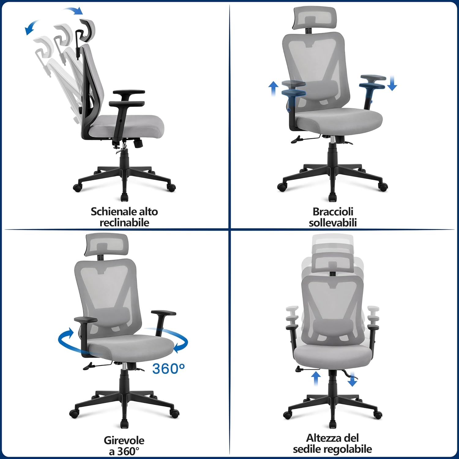 Detalle de Yaheetech Poltrona/Sedia Ufficio Ergonomica Lombare con Schienale Reclinabile e Braccioli Regolabili – 90°-130°, Rete Traspirante, SGS, EN1335, 136 kg