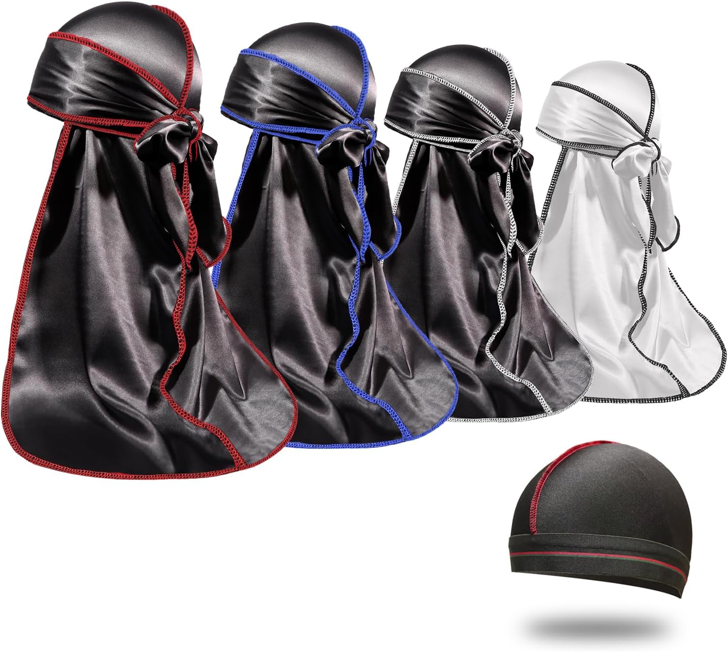 Detalle de ForceWave Silky Durags with Wave Cap, 4-Pack, Moisture-Tech Fabric, 43-Inch Tails