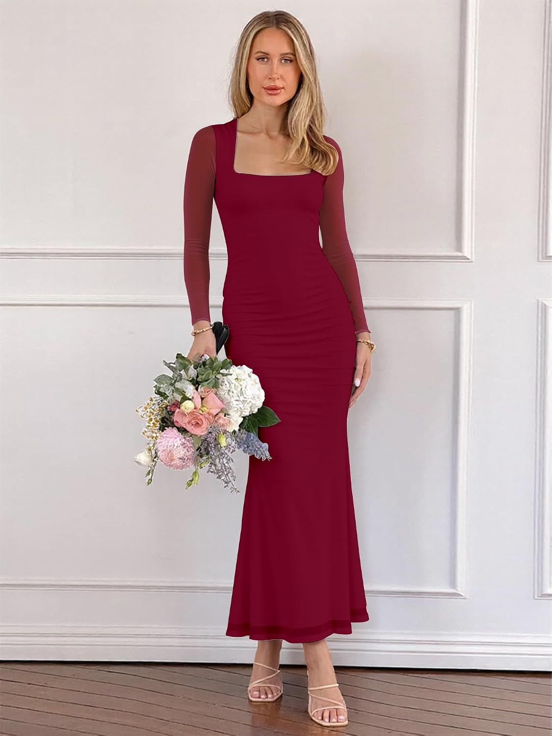 Detalle 2 de BORIFLORS Ruched Mesh Maxi Dress XS–XL