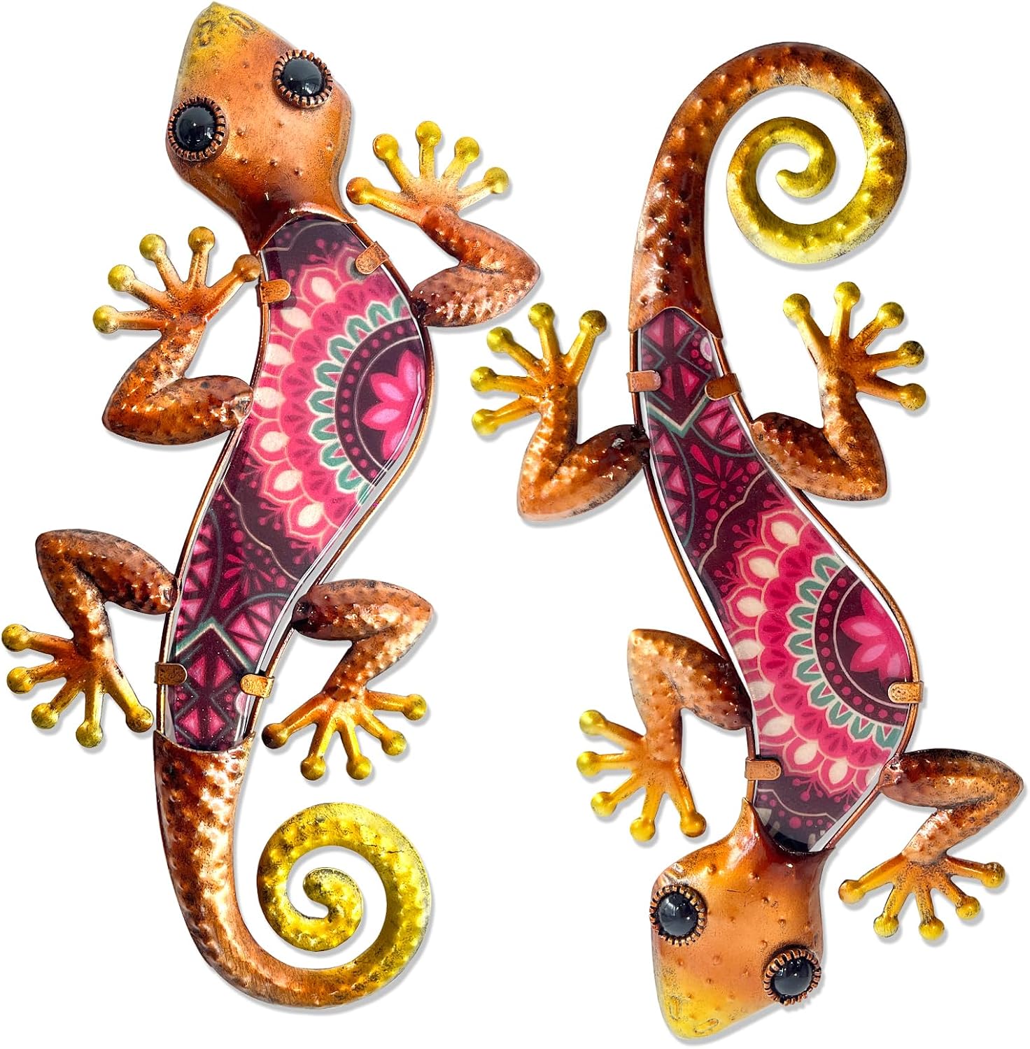 Detalle de HONGLAND Geckos Outdoor Wall Decor (2 Pieces) – Metal Lizard Wall Art for Garden, Bohemian Glass-Printed Finish