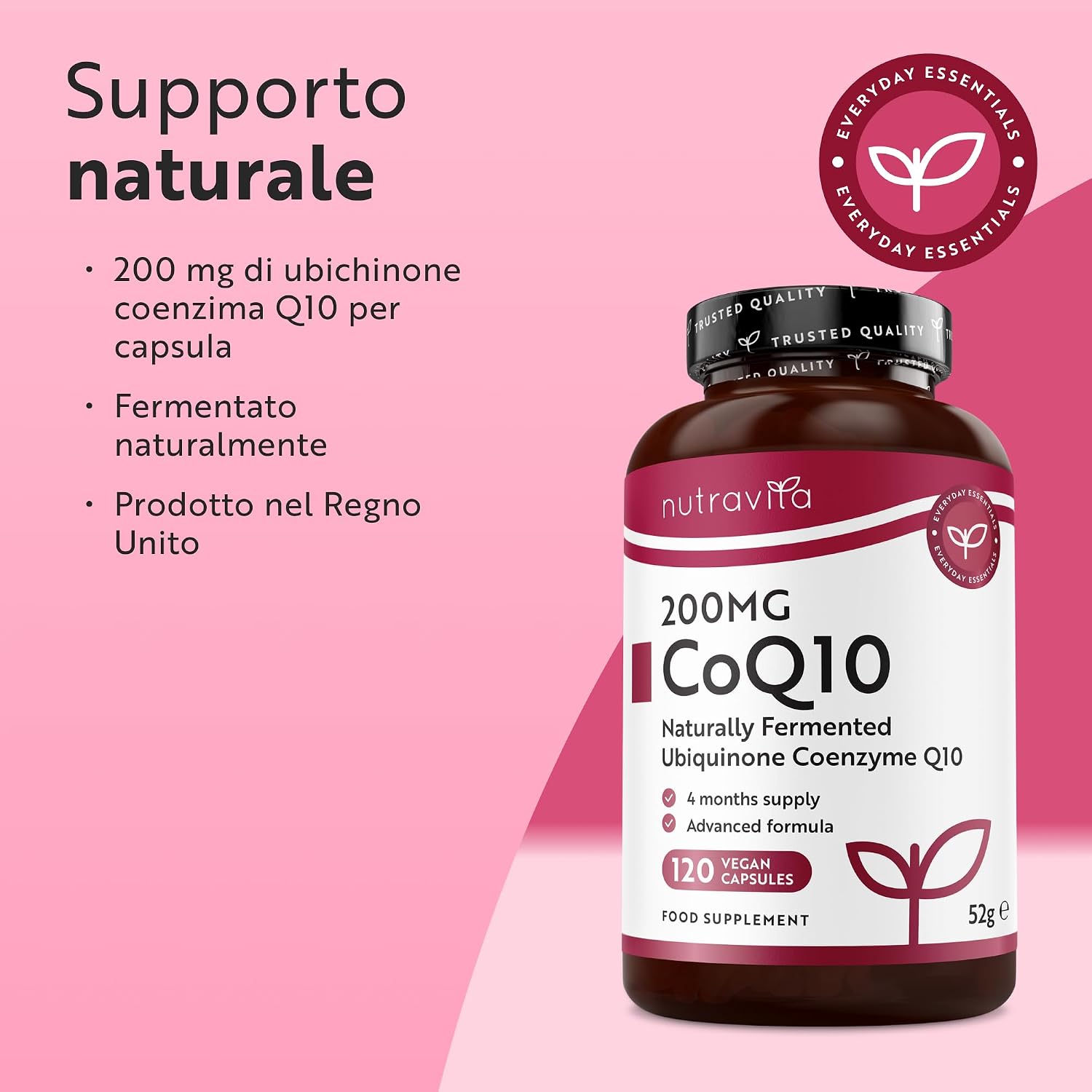 Detalle de Nutravita Coenzima Q10 200 mg – Ubichinone Puro al 100% (120 Capsule Vegane) - Fornitura di 4 mesi