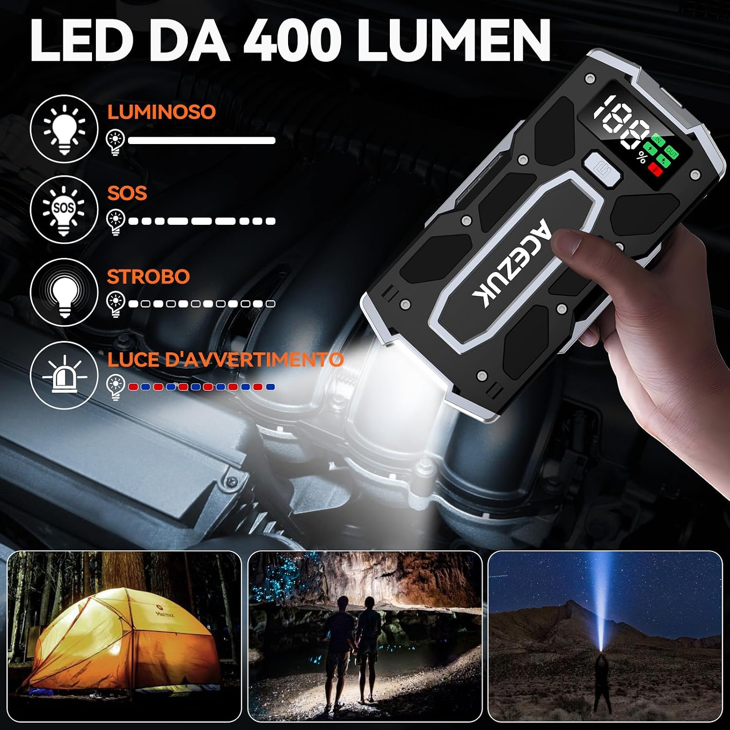 Detalle de ACEZUK Avviatore Batteria Auto M02 da 9000 A: Avvio di Emergenza per Auto, Moto e Oltre