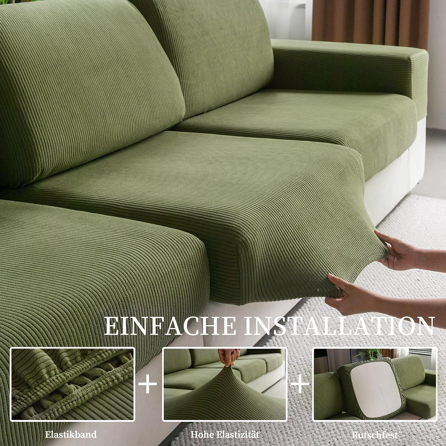 Detalle de OHSIO Stretch Sofa Sitzkissenbezug (Grün) – rutschfester, waschbarer Bezug für Sofa & mehr