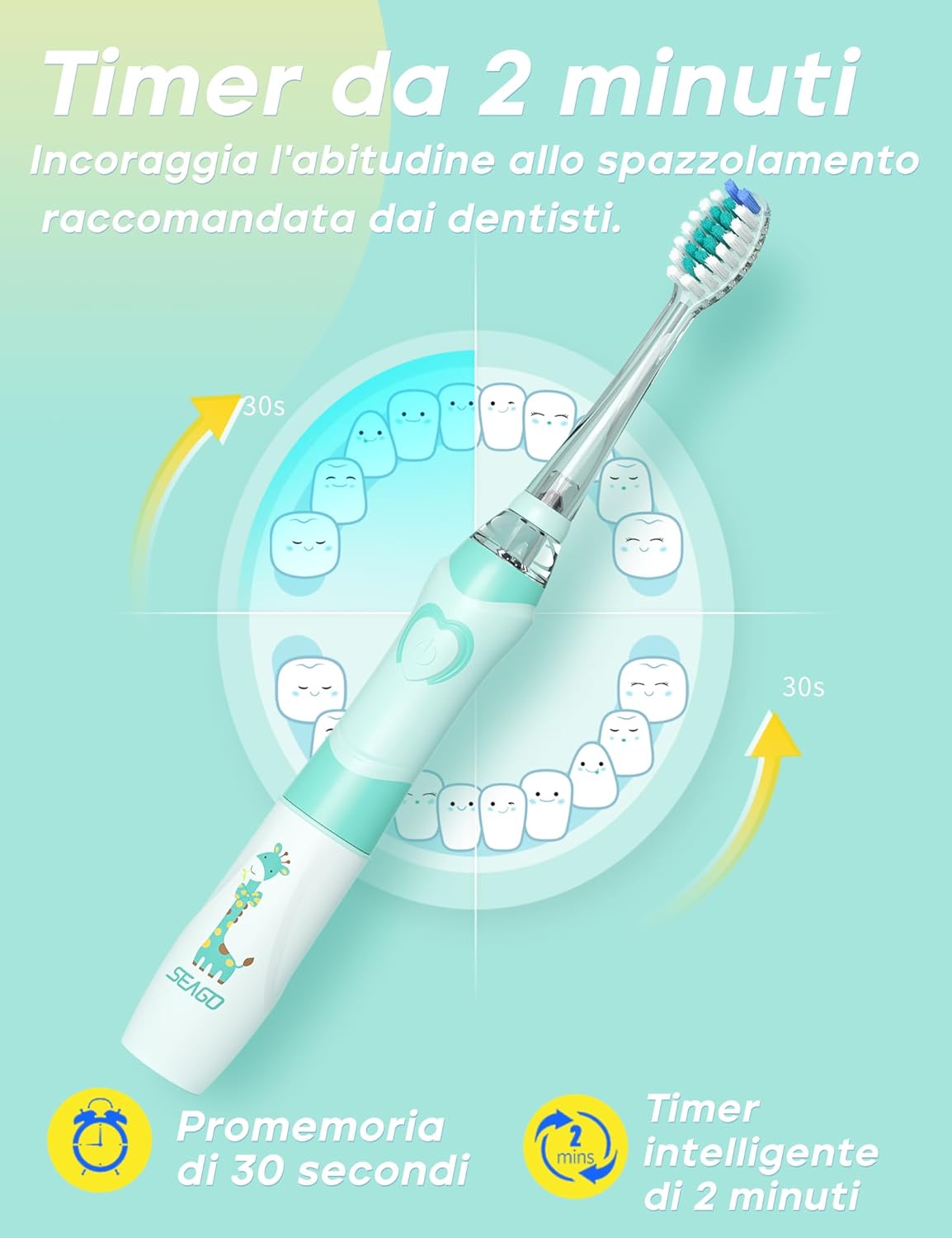Detalle 2 de Seago Spazzolino Elettrico Bambini 3-12 anni SG-977 verde con 8 testine, LED e timer