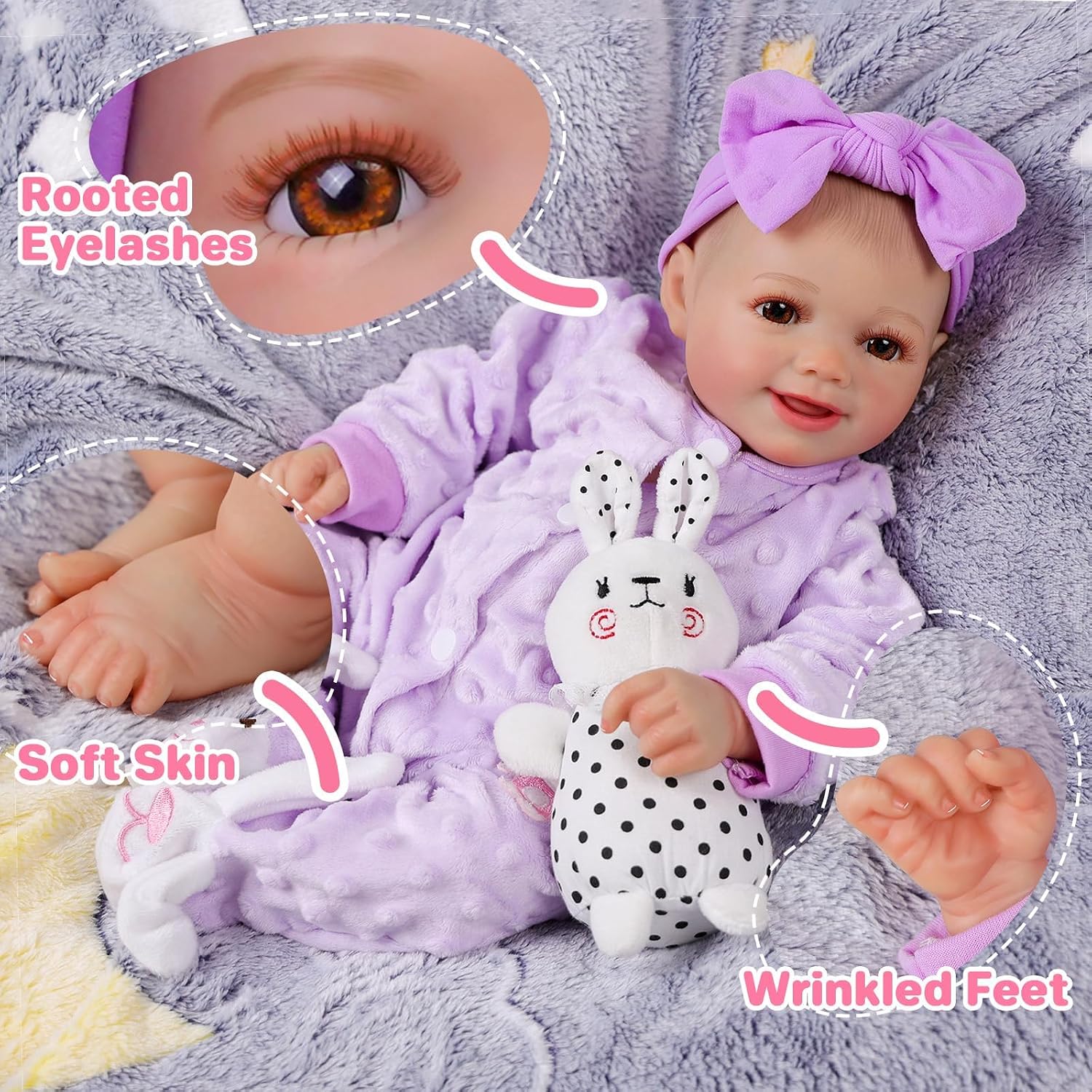 Thumbnail 3 de BABESIDE Rinato Sunny 17" Bambola neonata in stile reborn viola, corpo morbido in tessuto