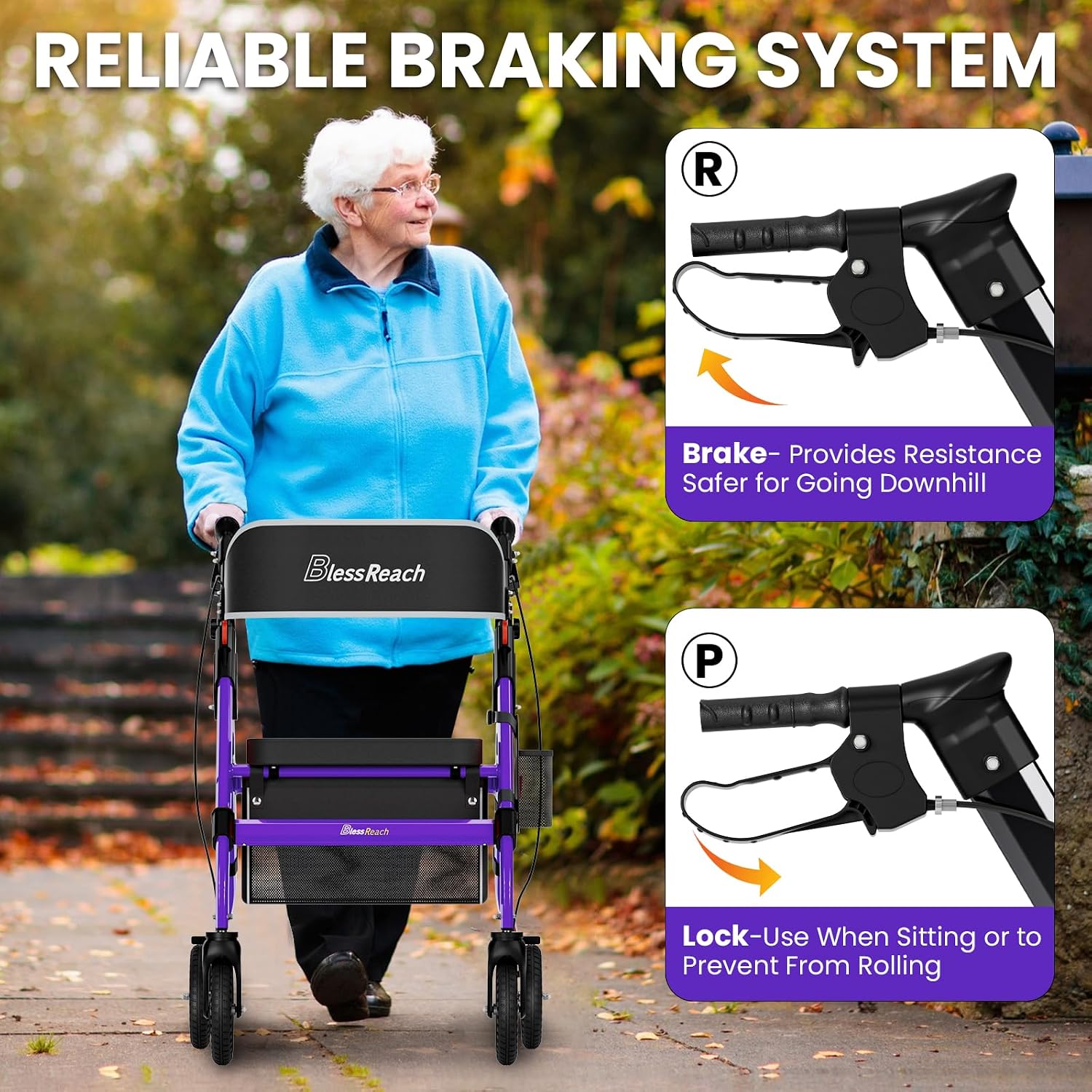 Detalle 1 de BlessReach Foldable Heavy-Duty Rollator Walker, 400 lb Capacity, 8-Inch Wheels