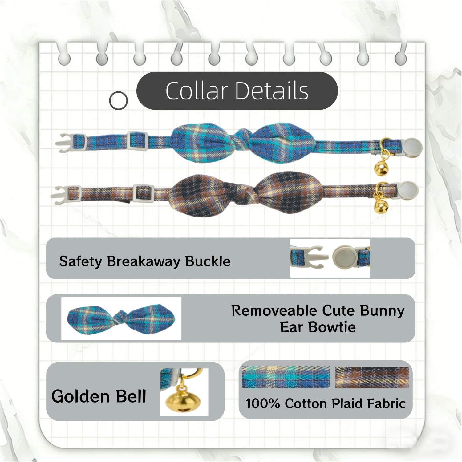 Detalle 2 de 2 Pack Cotton Cat Collars with Bunny Bow, Quick Release Safety Buckle (Brown & Teal Plaid)