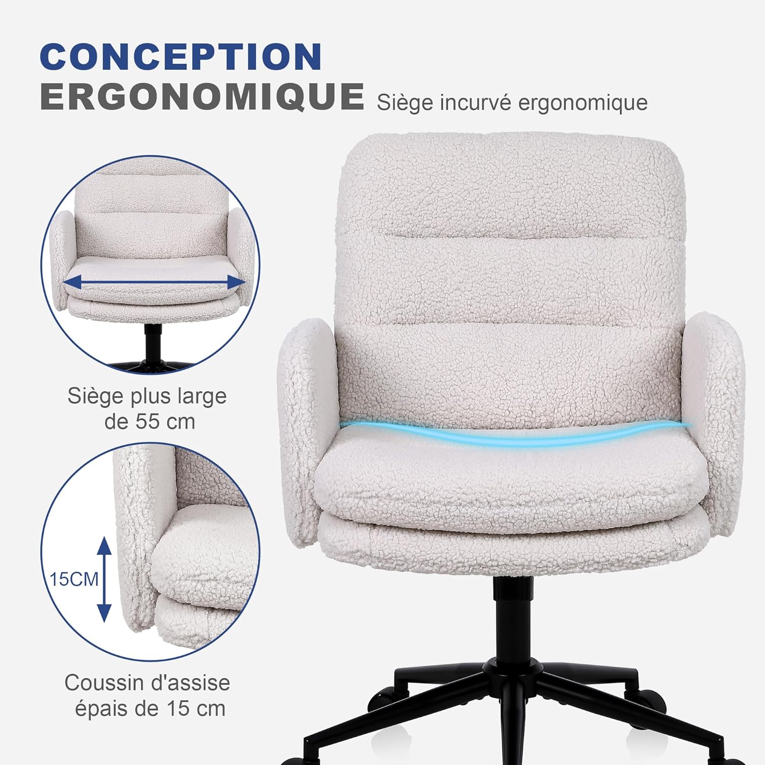 Detalle de Youhauchair Chaise Bureau – Fauteuil ergonomique en fausse fourrure, hauteur réglable et assise rembourrée