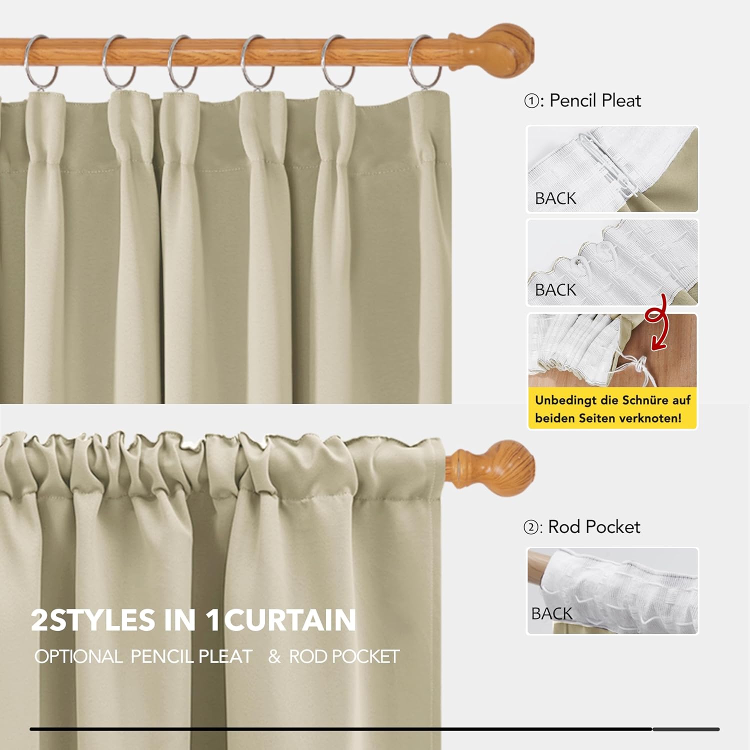 Thumbnail 3 de Deconovo Verdunkelungsvorhang mit Kräuselband, 245x140 cm, Beige – 2er-Set