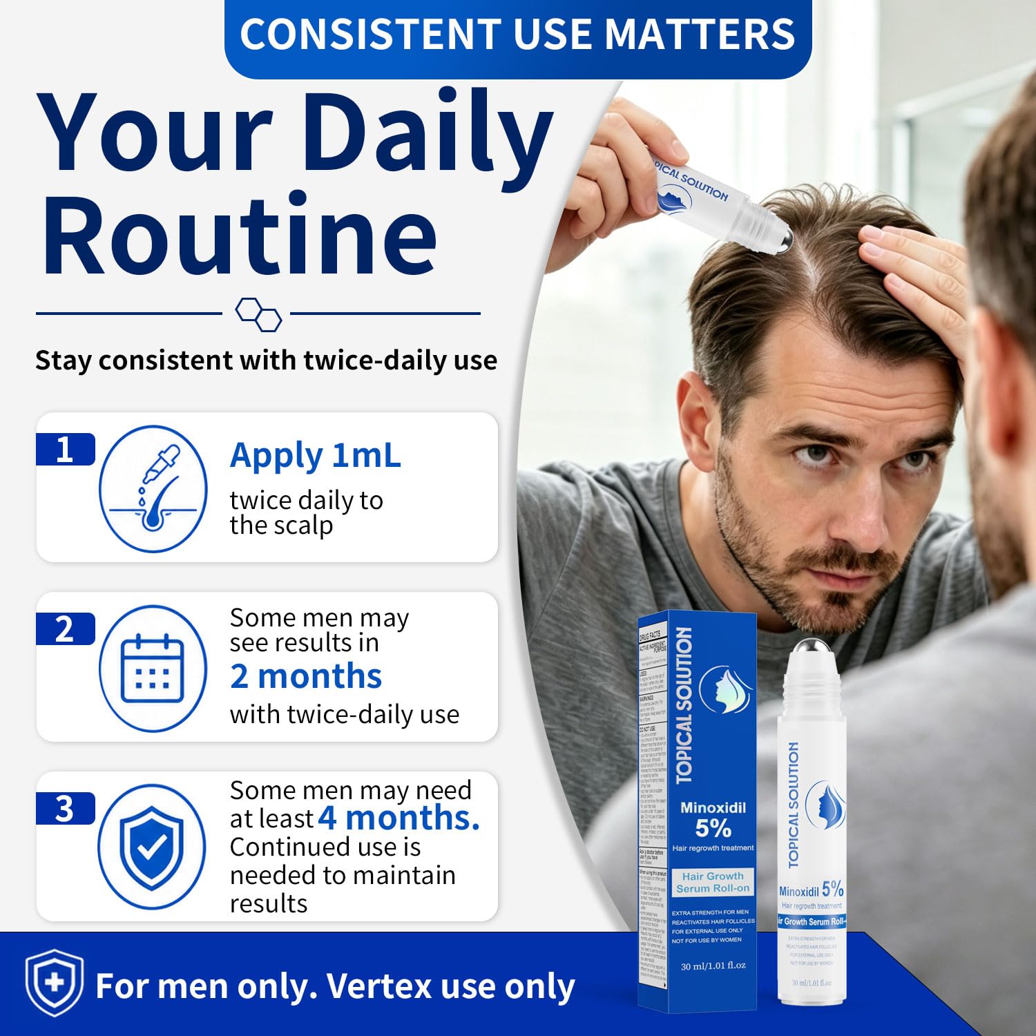 Detalle de DOVIREY 5% Minoxidil Roll-On for Men, Topical Hair Regrowth Solution