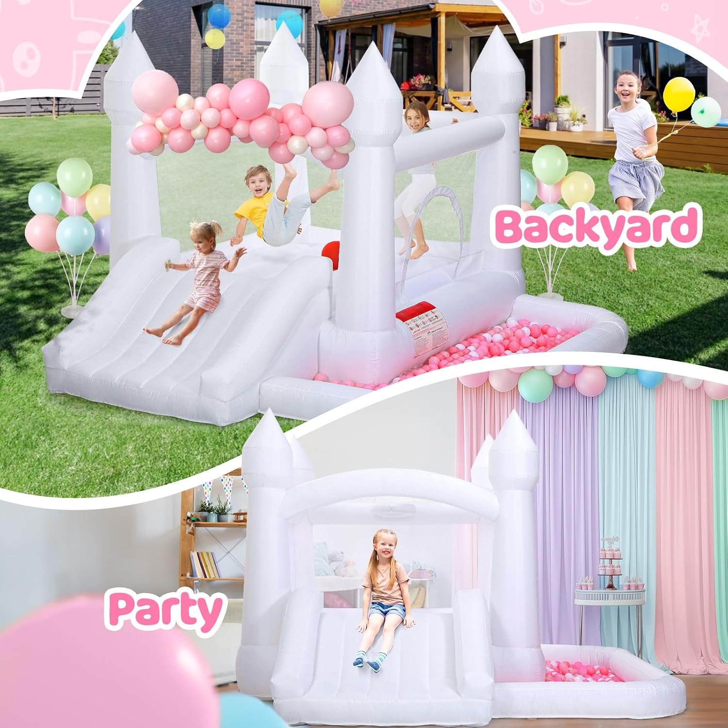 Detalle 2 de White Bounce House for Kids 3-6 with Blower, 10x10x7 ft Inflatable Castle