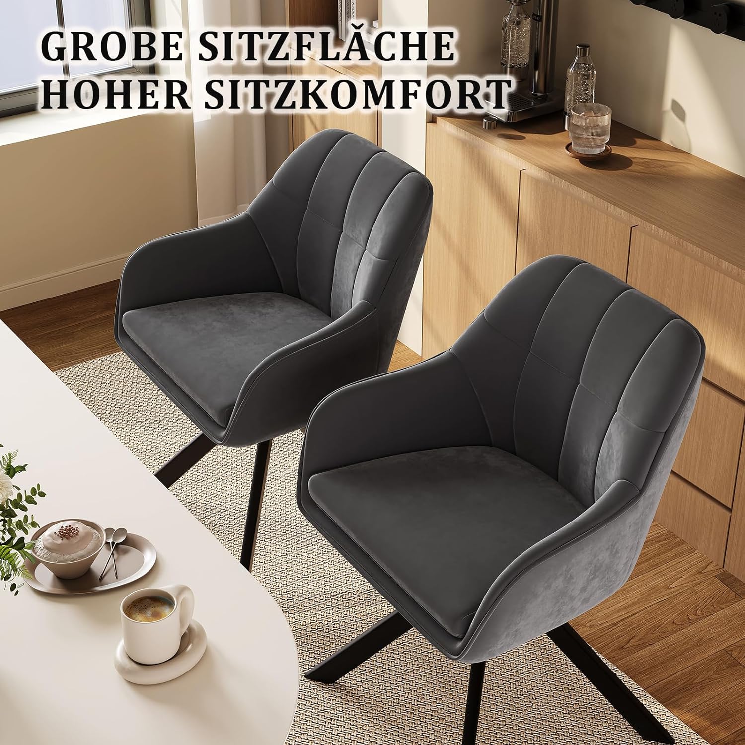 Detalle 2 de Goeurvant Esszimmerstühle drehbar 4er-Set Grau – Armlehnen(Stuhl) mit Samtbezug und Metallbeinen