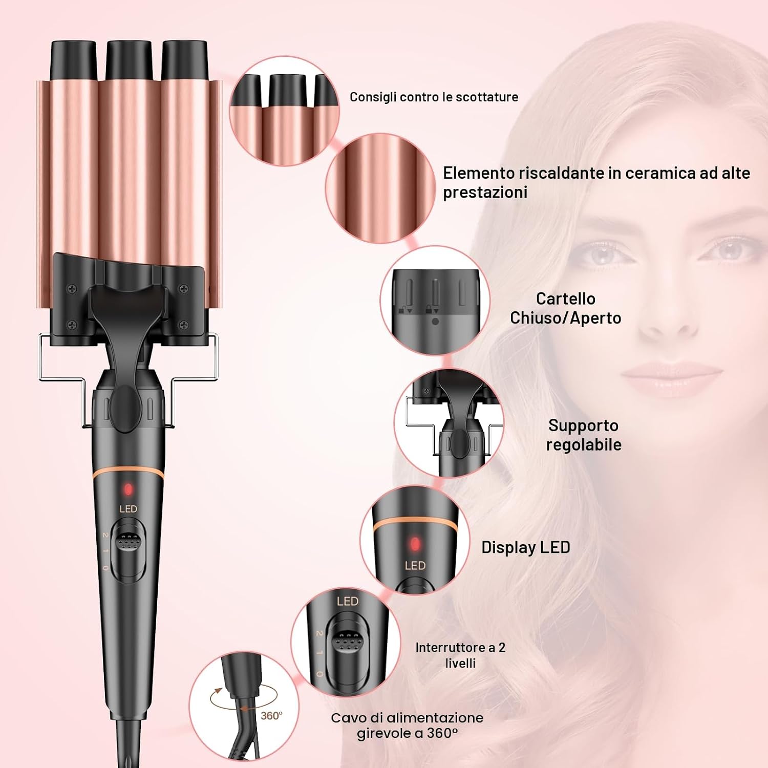 Detalle 2 de BESTOPE PRO Set arricciacapelli 5 in 1 con 3 fusti in ceramica (9-18/10/25/32 mm) e guanto