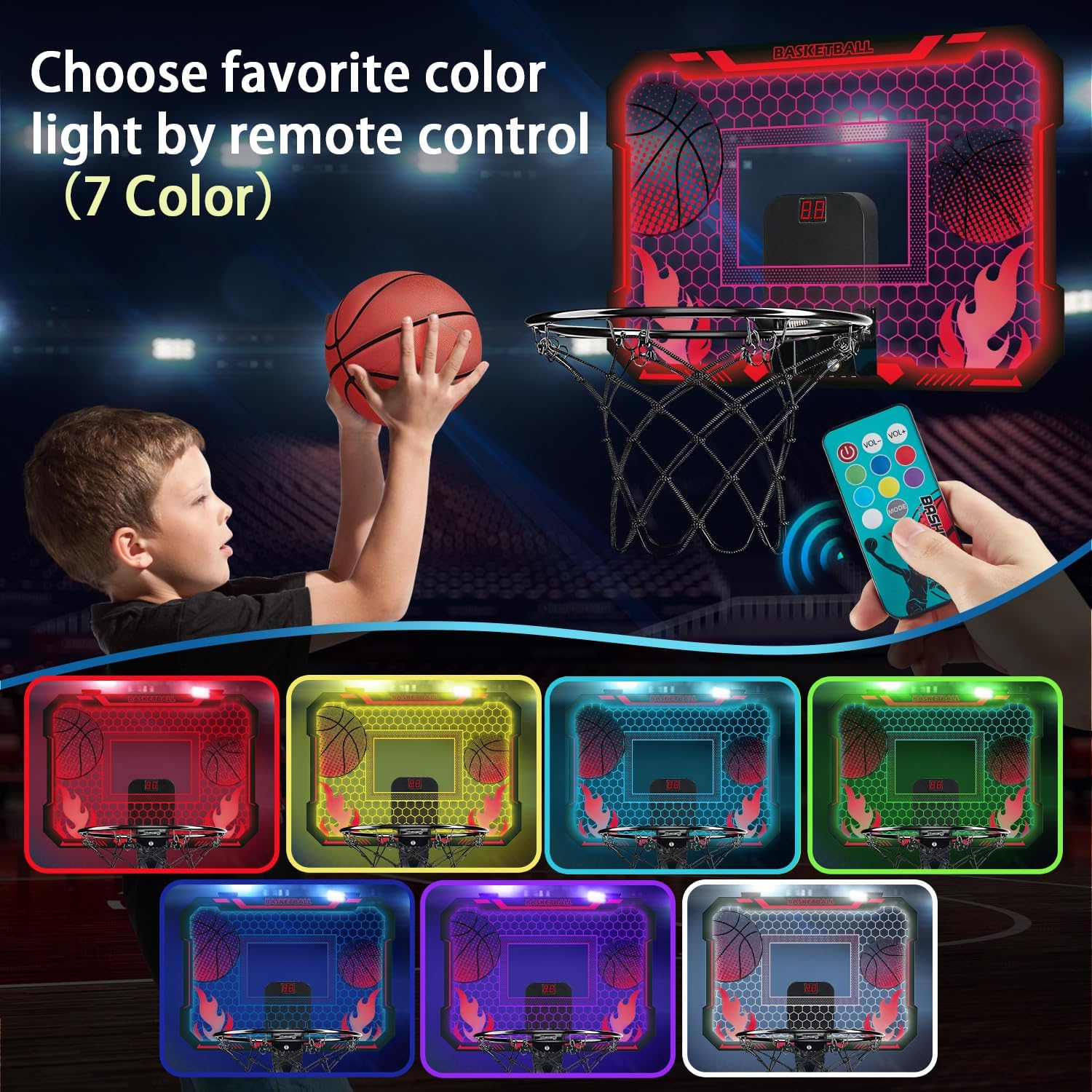 Detalle de VROGTIK Indoor Basketball Hoop for Kids with LED Lights — Over-the-Door Mini Hoop with Scoreboard