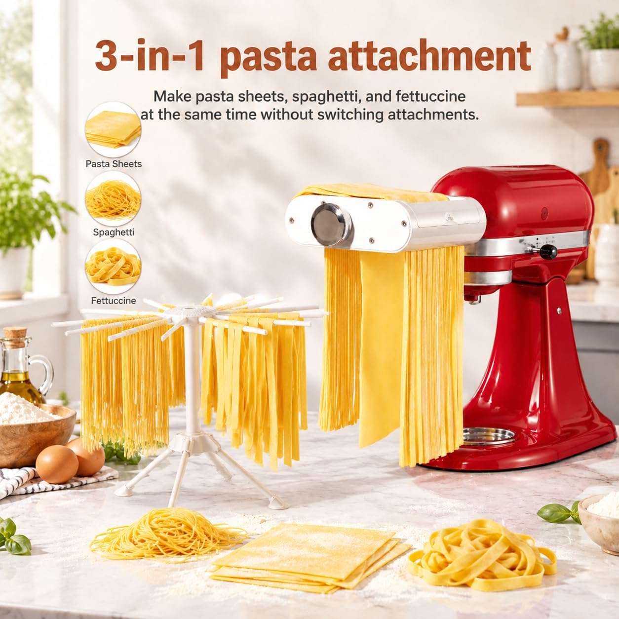 Detalle de ANTREE 3-1 Pasta Maker Attachment for KitchenAid: Roller, Spaghetti Cutter & Fettuccine Cutter