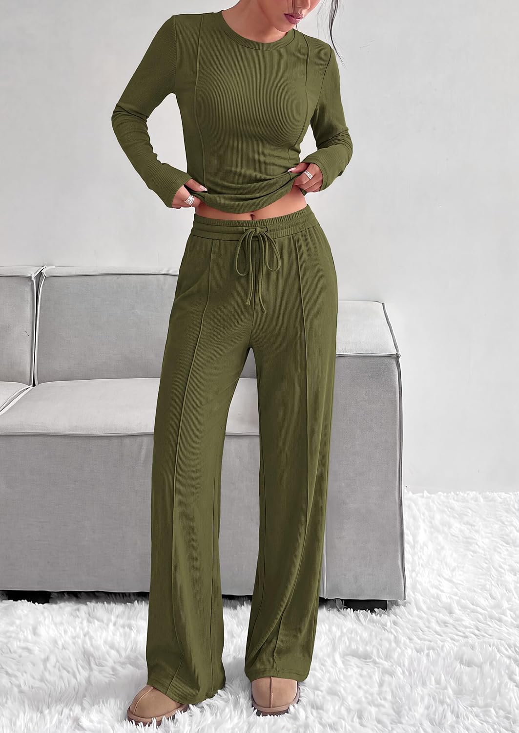Detalle de PRETTYGARDEN Women's Ribbed-Knit Two-Piece Set