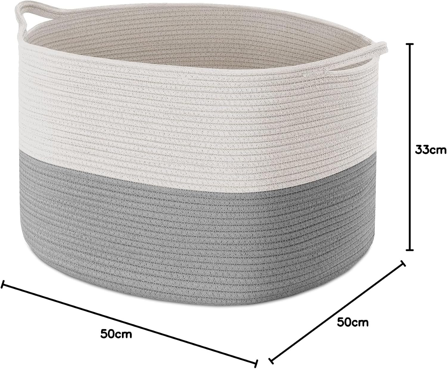 Thumbnail 1 de Maliton Laundry Basket (Large, 55x35cm, 68L) Foldable Rope Woven Hamper in White & Grey