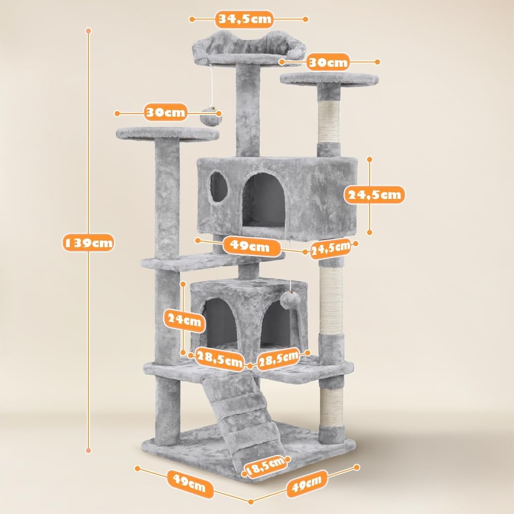 Detalle 2 de Yaheetech albero tiragraffi per gatti da 139 cm con 3 pali, 3 posatoi e grotte