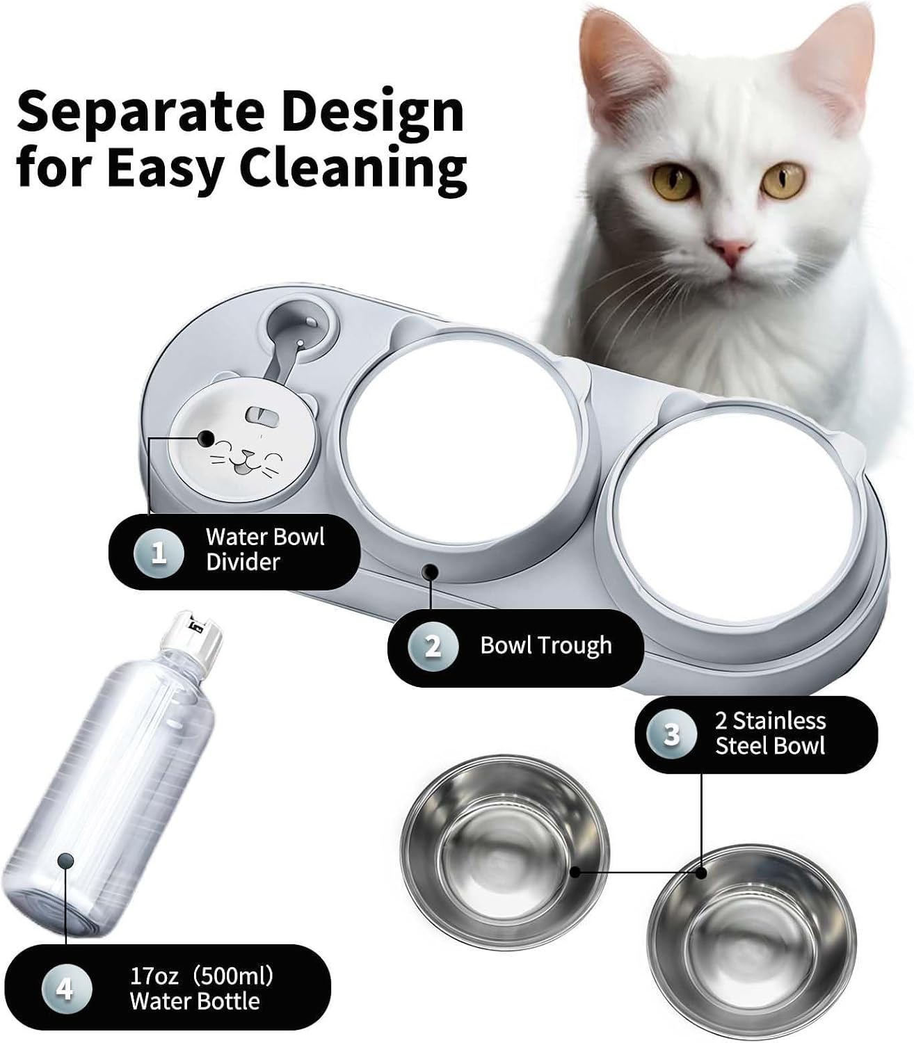 Detalle de Marchul 3-in-1 Katzennapf Set: Futter-, Wasser- und Wasserspender-Schalen mit 15° Neigung