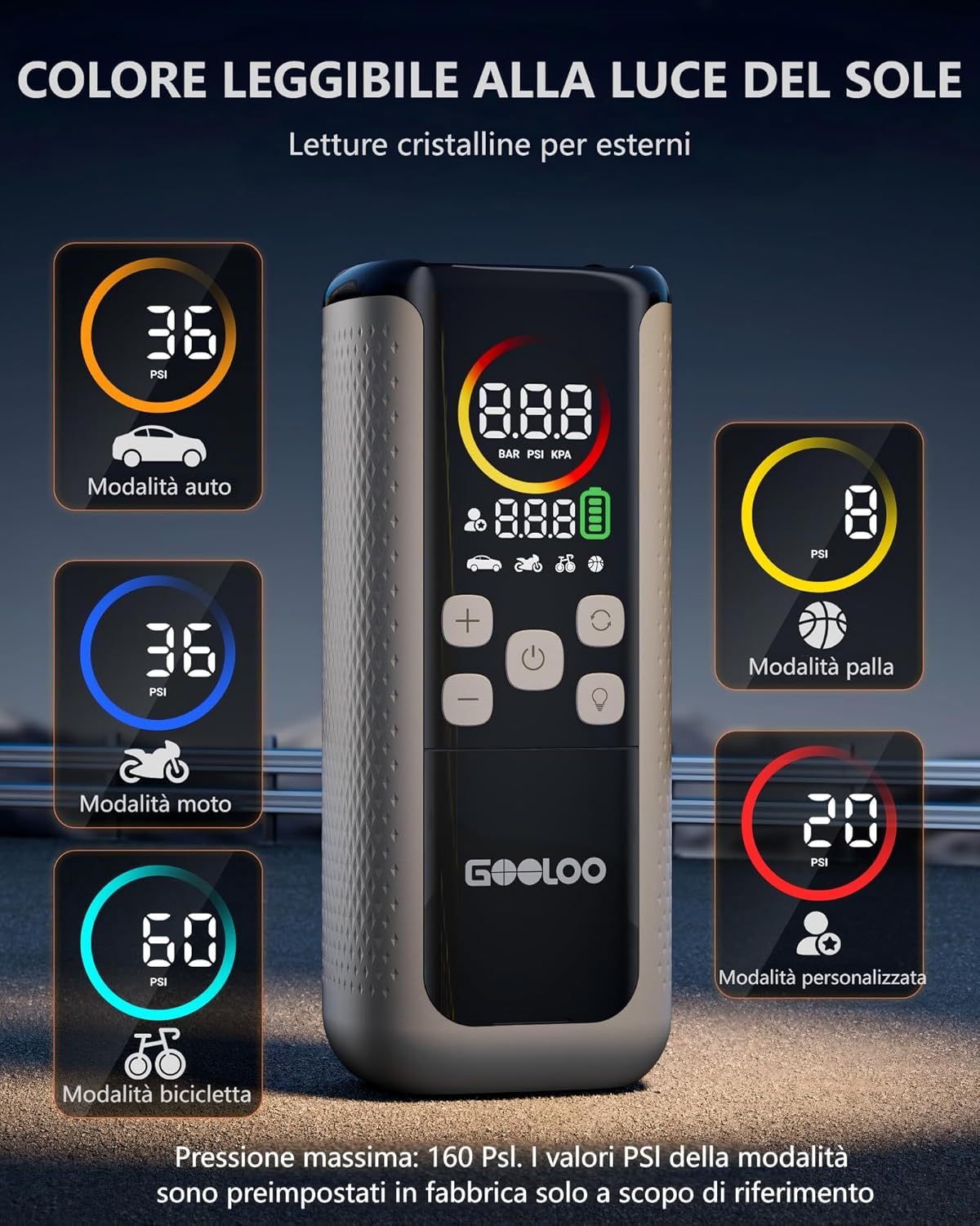 Detalle 2 de GOOLOO GT160 Dual Compressore Elettrico 160 PSI (11 bar): pompa 2 cilindri con display LED e spegnimento automatico