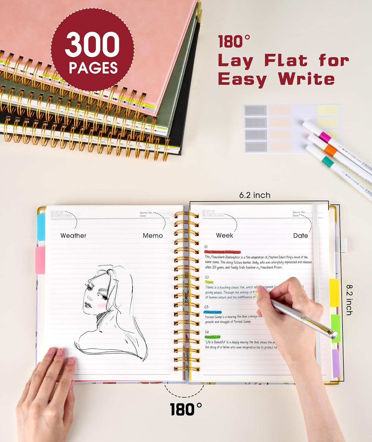 Detalle 2 de dilitego A5 5-Subject Spiral Notebook, 300 Pages, College Ruled Floral Cover
