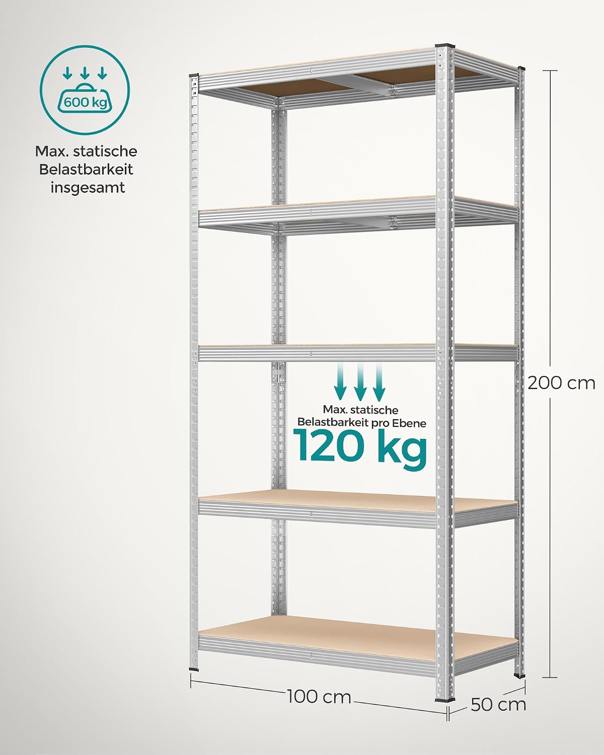 Thumbnail 2 de SONGMICS Schwerlastregal 50 × 100 × 200 cm – stabil, 600 kg Tragkraft, 5 verstellbare Ablagen
