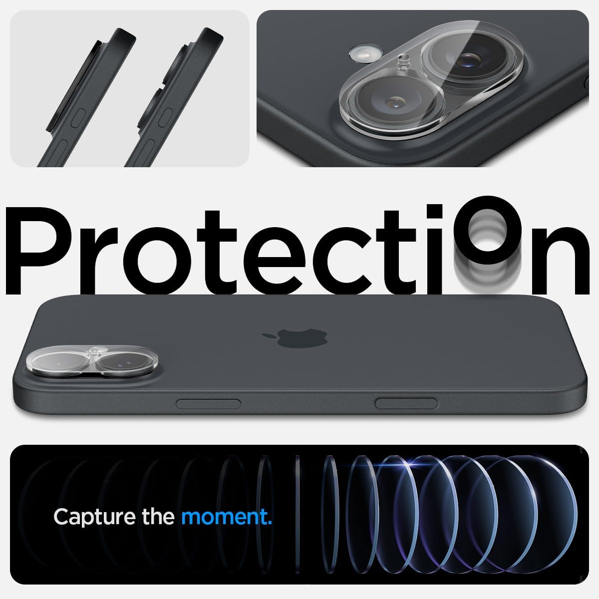 Detalle de Spigen Glas.tR Optik protezione fotocamera per iPhone 16 / iPhone 16 Plus (2 pezzi) cristallino, durezza 9H