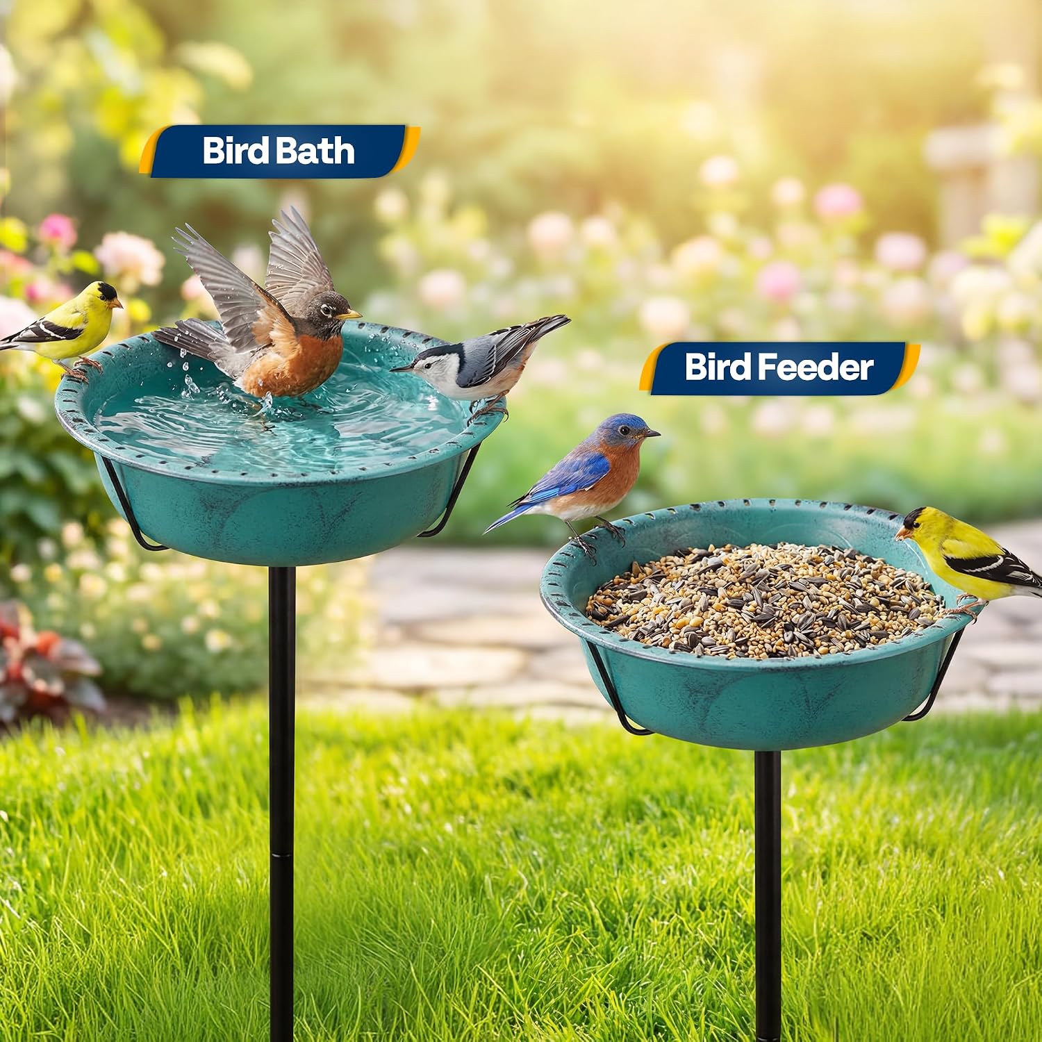 Thumbnail 4 de VIVOHOME 35In Metal Bird Bath – Vintage Green Freestanding Garden Bath with 4‑Pronged Base and Removable Feeder Bowl