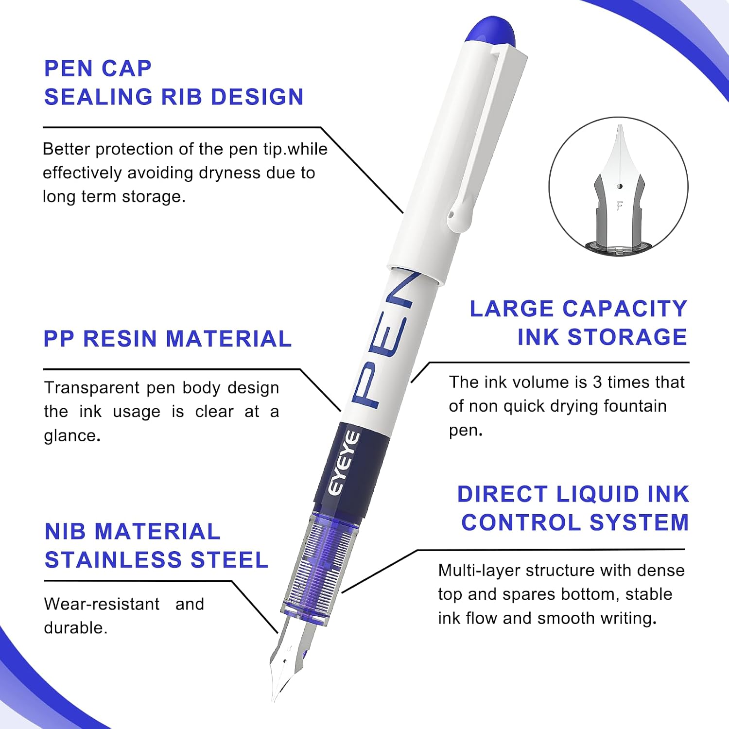 Detalle de EYEYE FP10F Fountain Pens, 0.5mm Fine Nib, White Barrel, 8-Pack