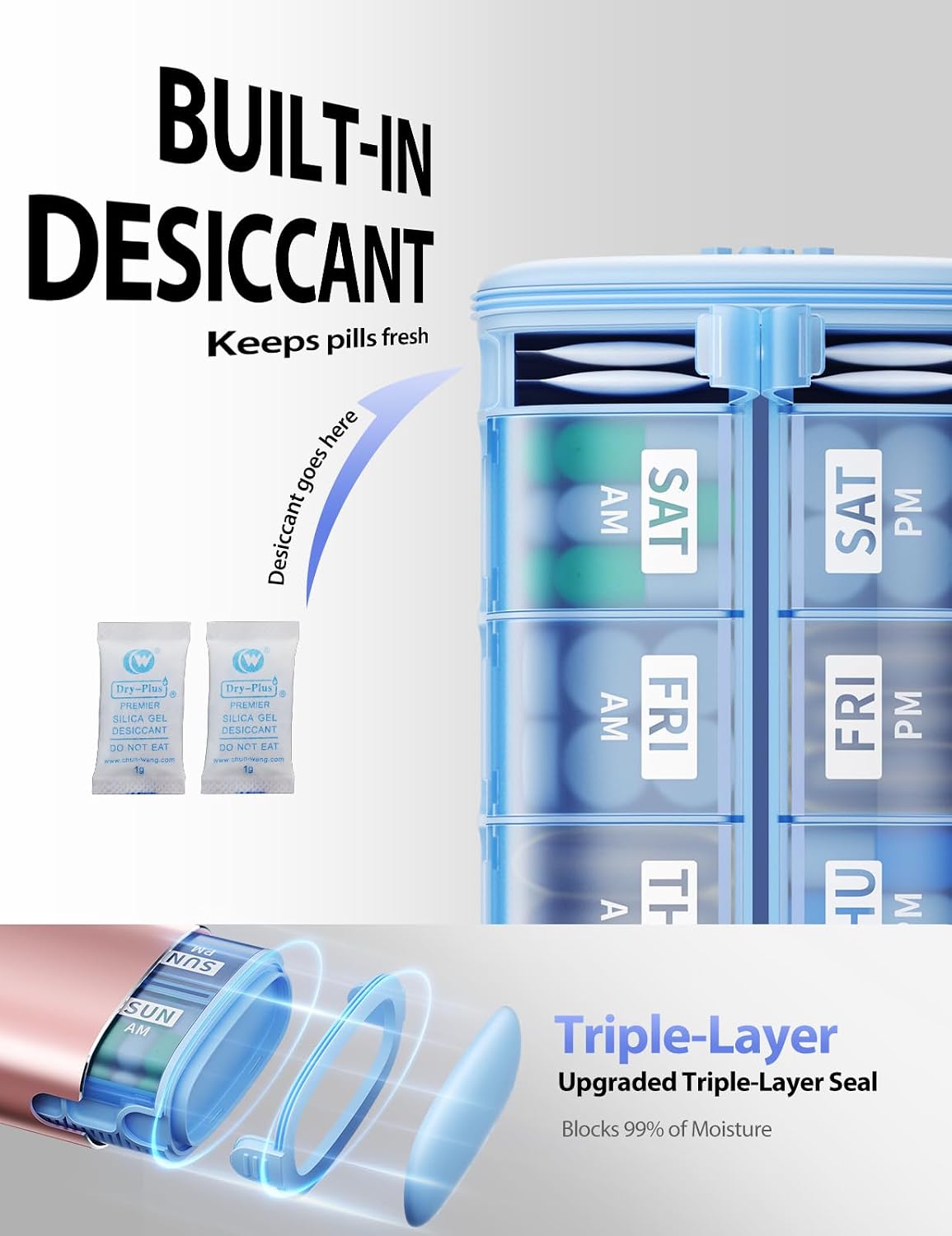 Detalle de Vaydeer Large Metal AM/PM Pill Organizer, 7-Day, Moisture-Proof Desiccant