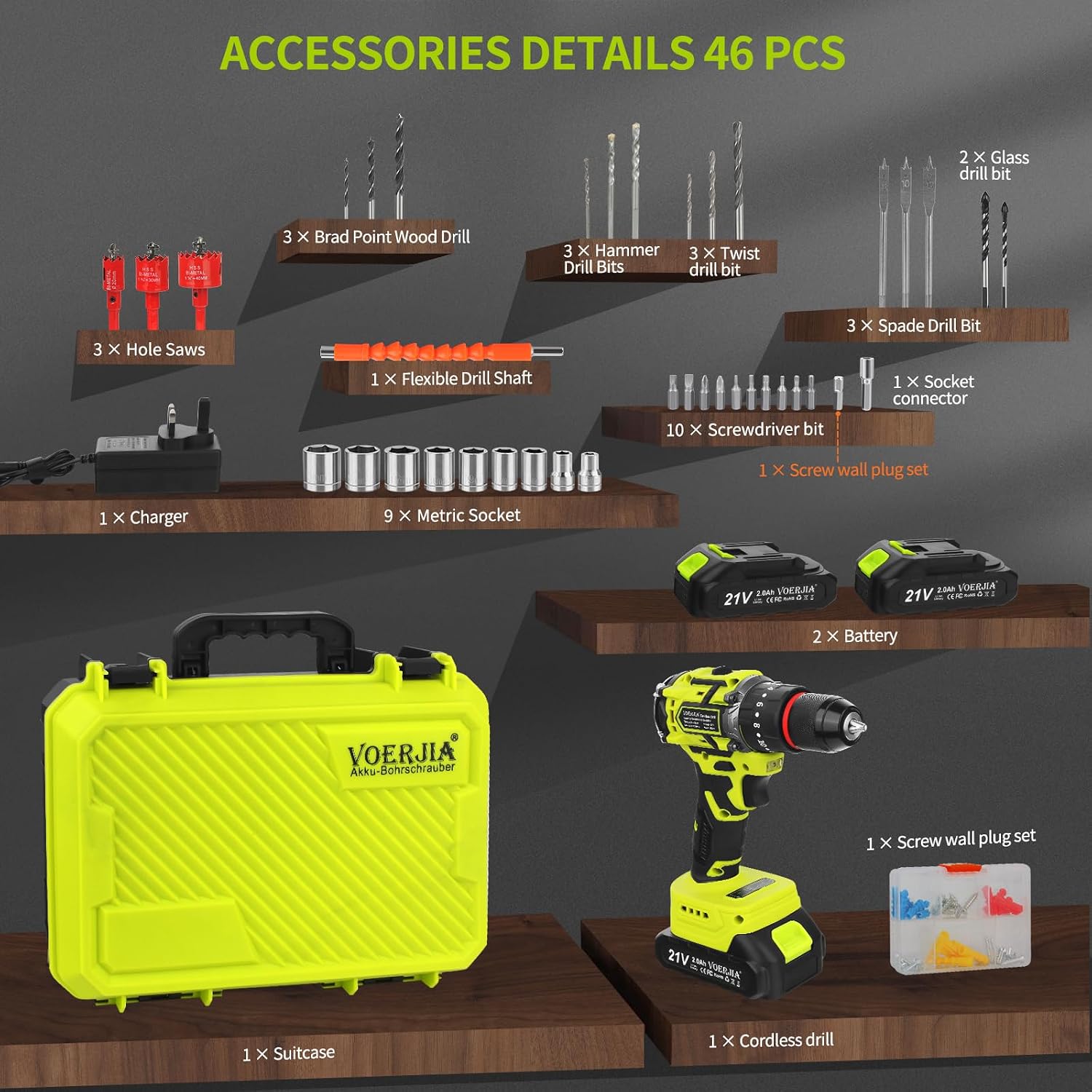 Detalle 2 de VOERJIA cordless drill 21V brushless 65Nm
