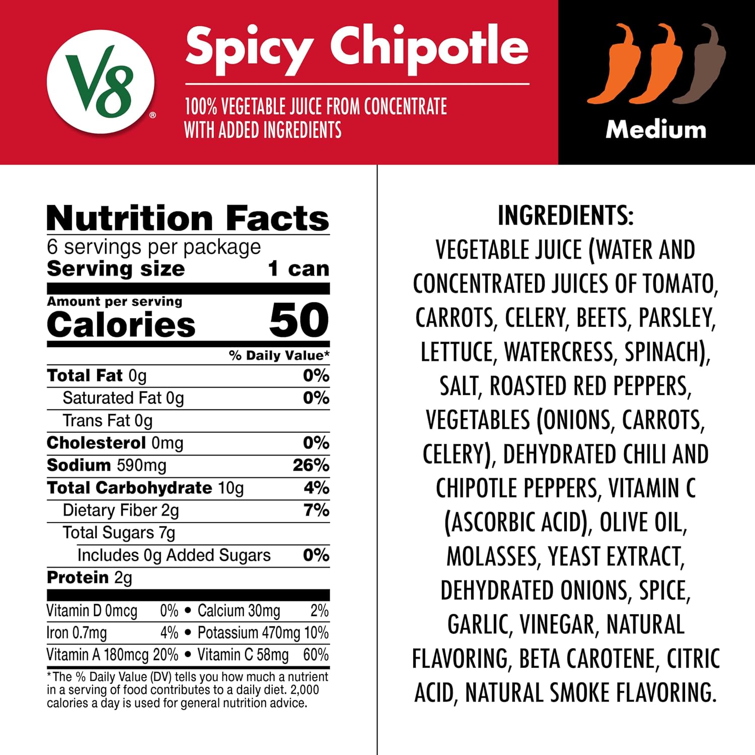 Thumbnail 1 de V8 200000029786 Spicy Chipotle Vegetable Juice, 8 fl oz Cans, 24-Pack