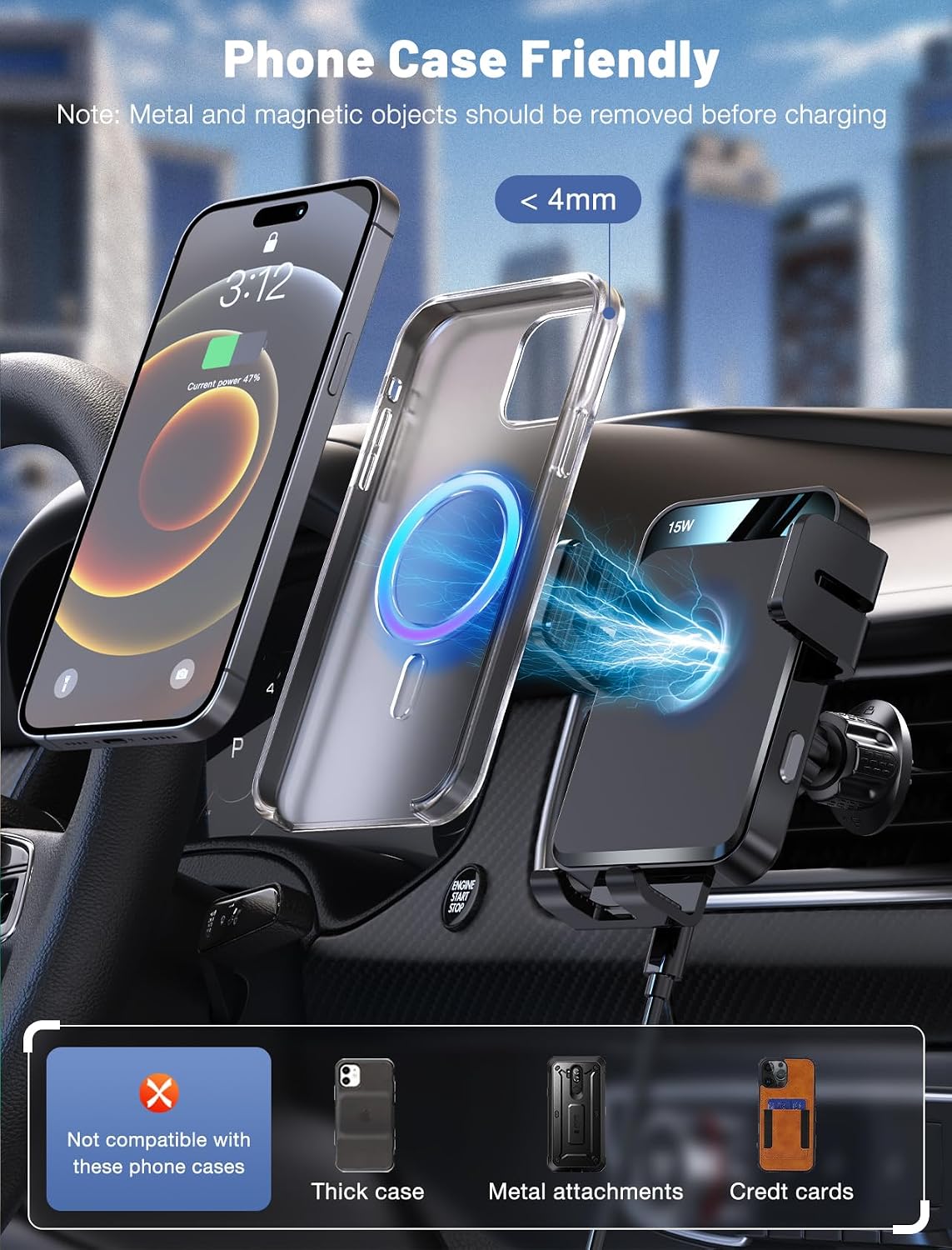 Thumbnail 3 de MOKPR Wireless Car Charger, 15W Auto-Clamping Mount with Air Vent Clip