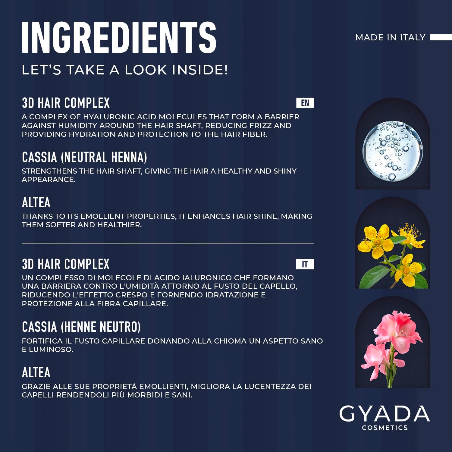 Detalle de GYADA COSMETICS Hyalurvedic Balsamo Idratante per Capelli Secchi e Crespi con Acido Ialuronico e Altea, 200 ml