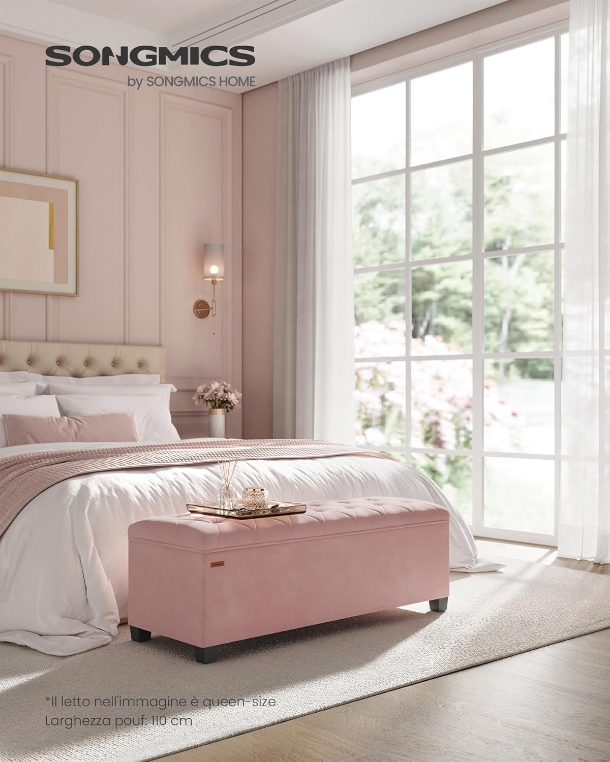 Thumbnail 1 de SONGMICS cassapanca pouf contenitore con poggiapiedi 40 x 110 x 39 cm rosa pastello LSF089R01